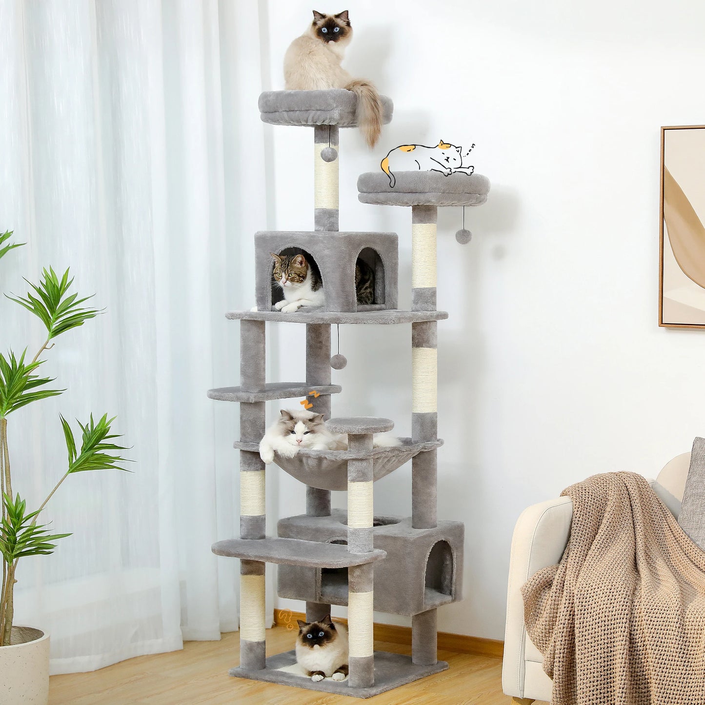 Gray cat tree with multiple cats on different levels in a room with a plant and chair.