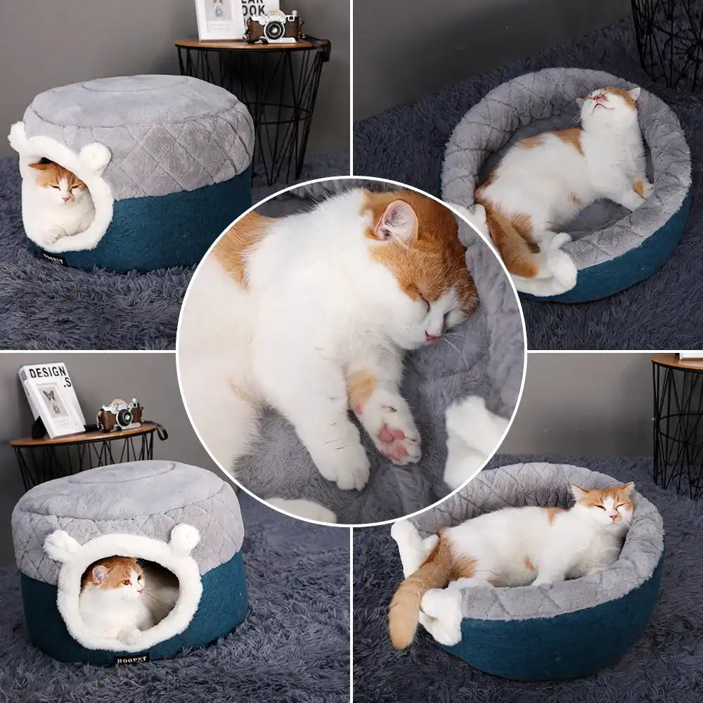 Collage of a cat lying in a gray and blue pet bed with a small round entrance.