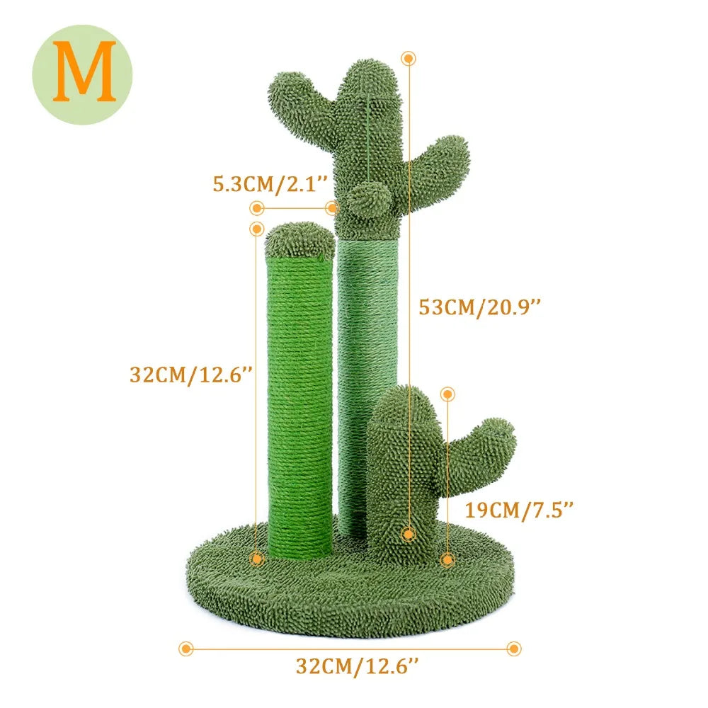 Green cactus-shaped cat scratcher with measurements on a white background