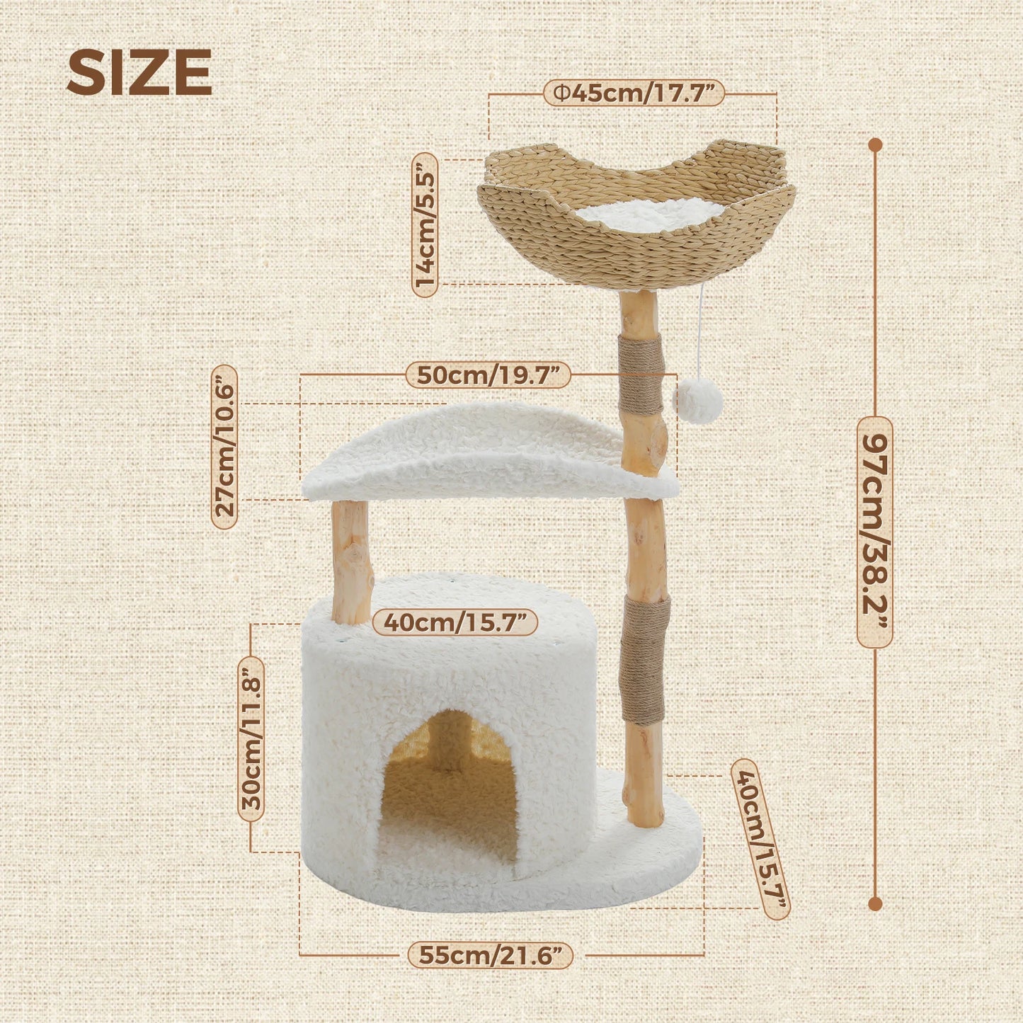 Cat tree with dimensions labeled on a beige background