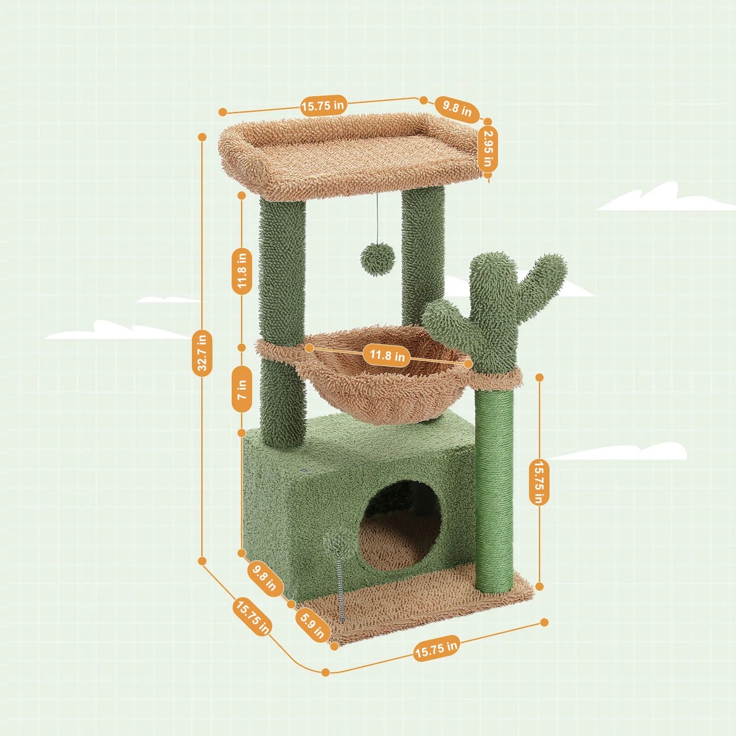 Cat tree with dimensions on a light green background