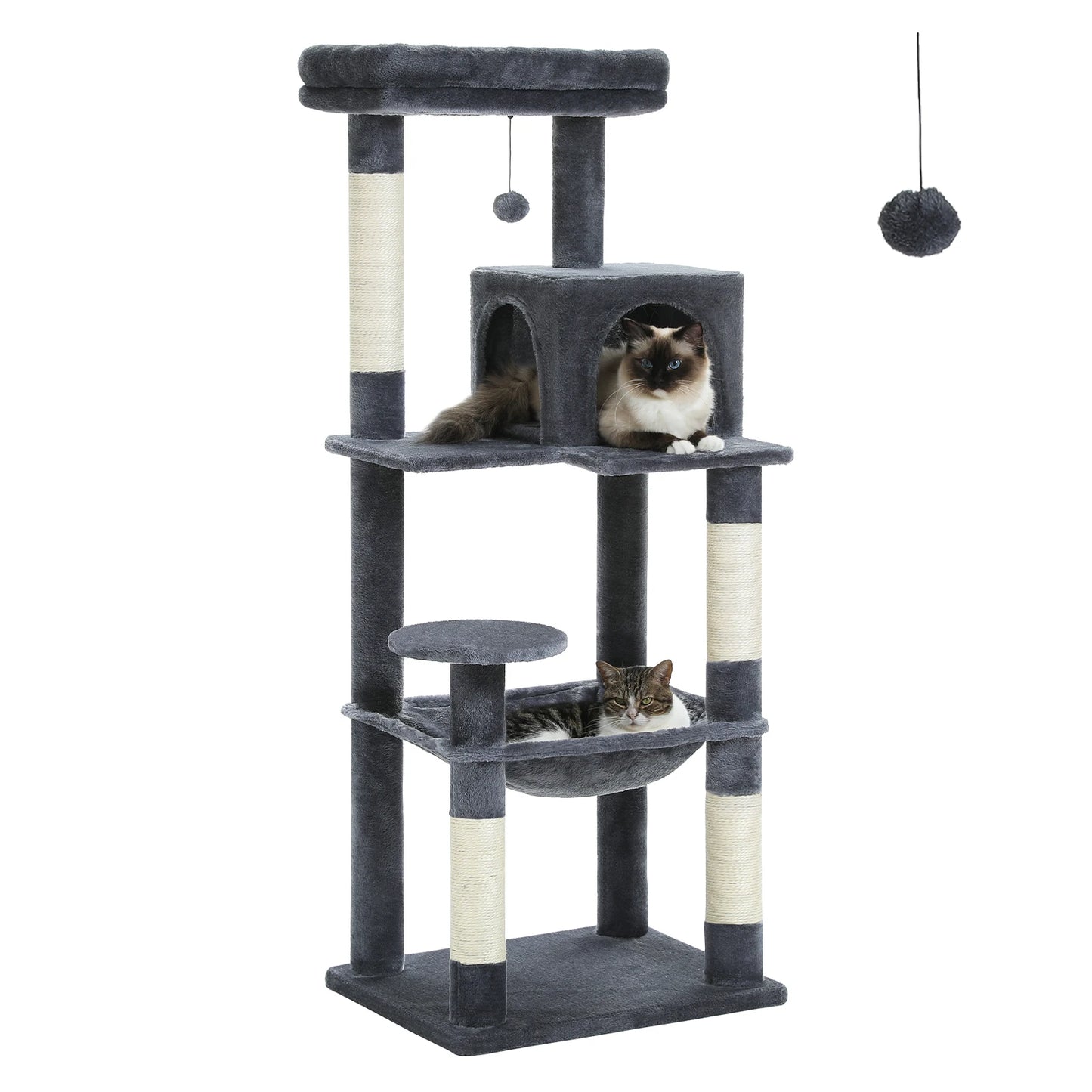 Dark gray cat tree with multiple levels and two cats sitting on the platforms.