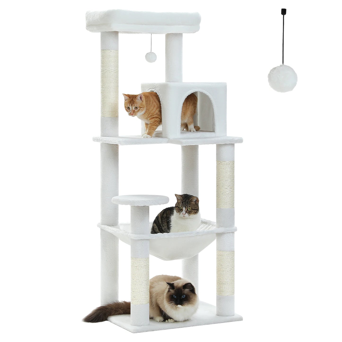 White cat tree with multiple levels and cats on a white background