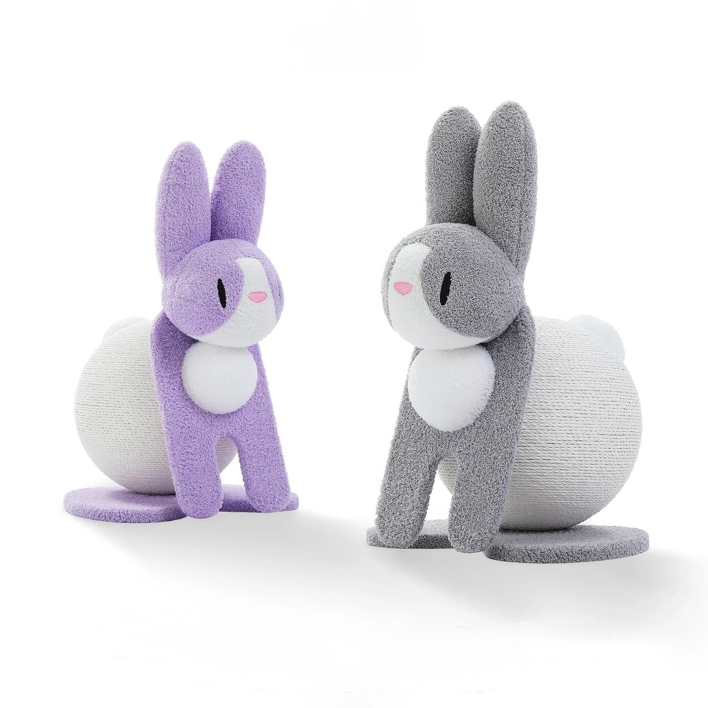 Two cat scratching posts, one purple and one gray, on a white background.