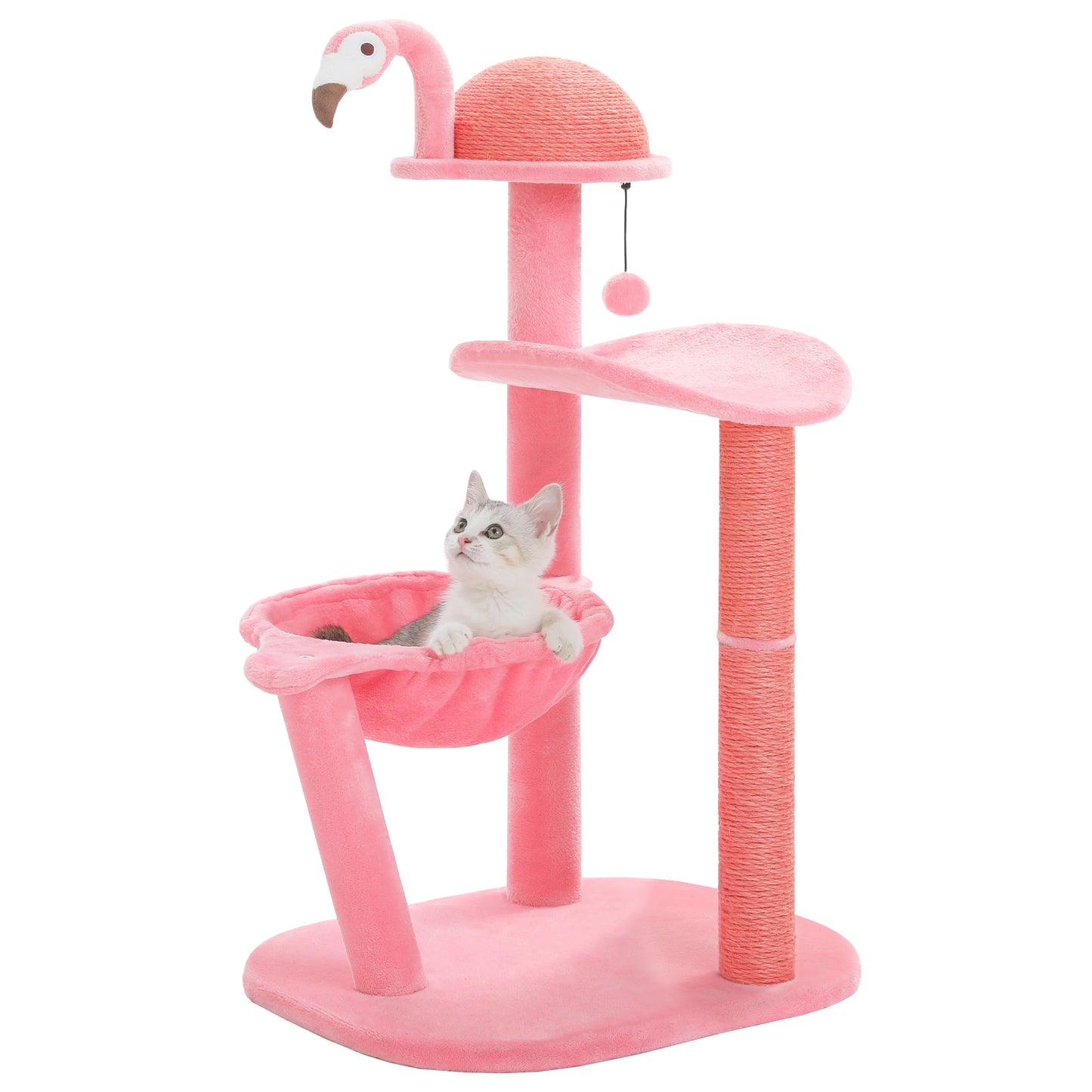Bright pink flamingo-themed cat tree with a cat sitting on a platform against a white background