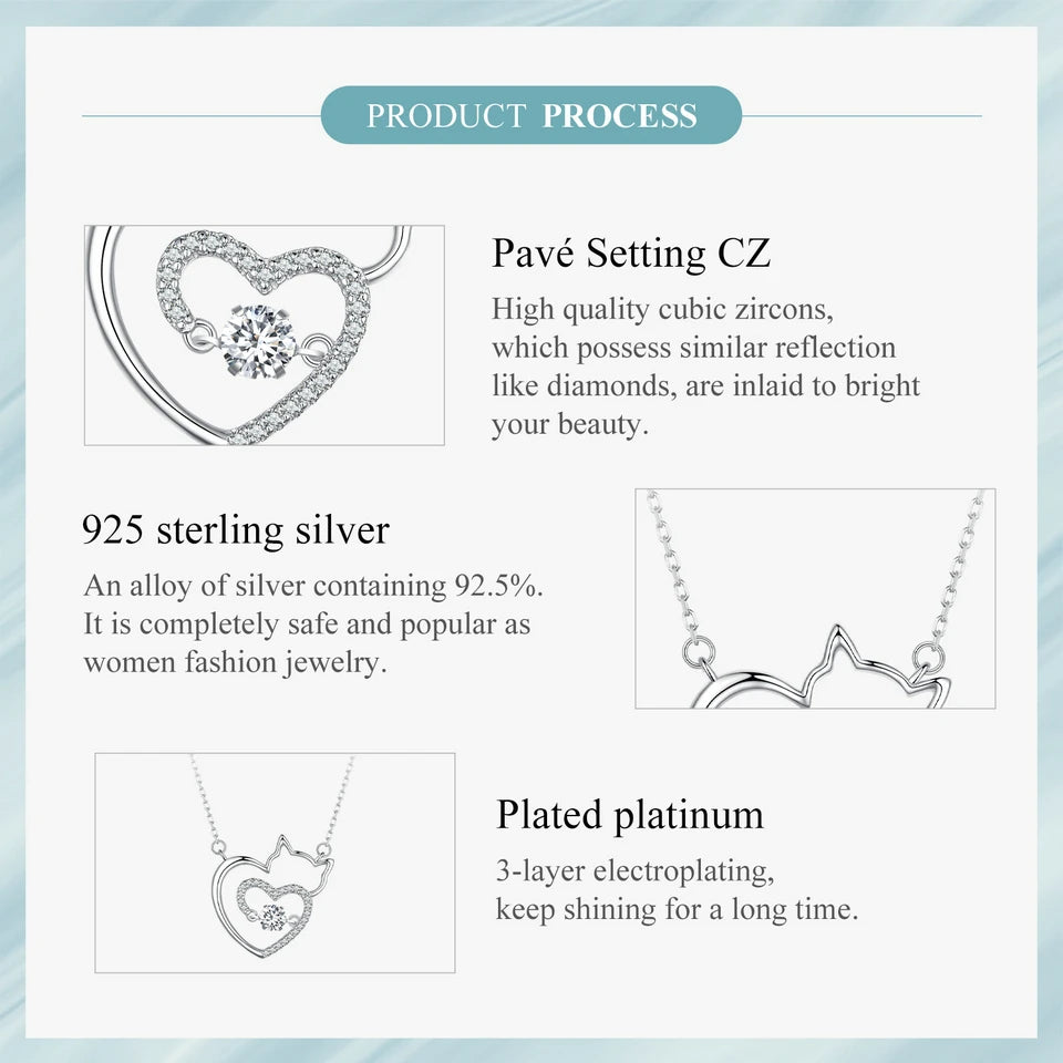 Product description for a silver necklace with heart-shaped cat design, featuring text about Pavé Setting CZ, 925 sterling silver, and plated platinum.