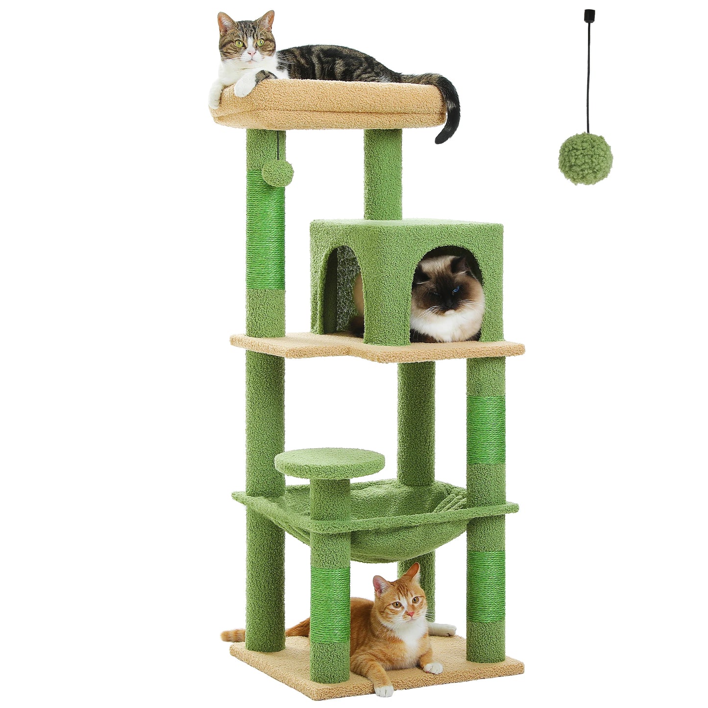 Green and brown cat tree with multiple levels and three cats on a white background