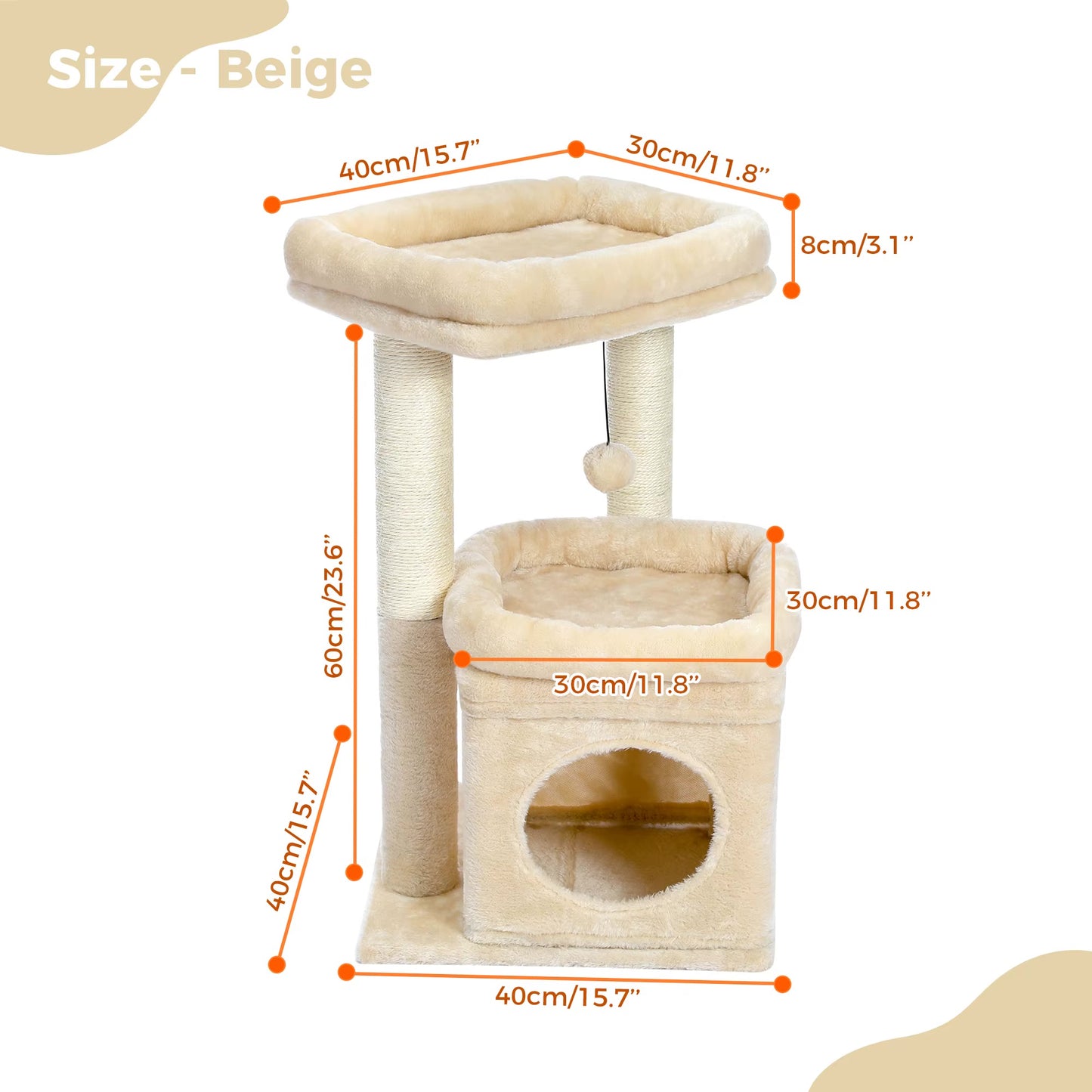 Beige cat tree with dimensions on a white background