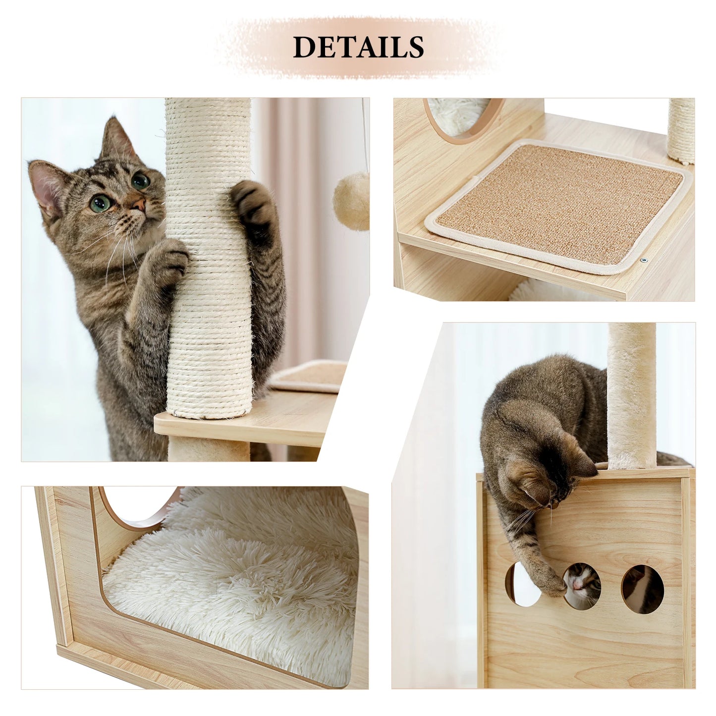 Images showing details of the cat tree with cats using them.