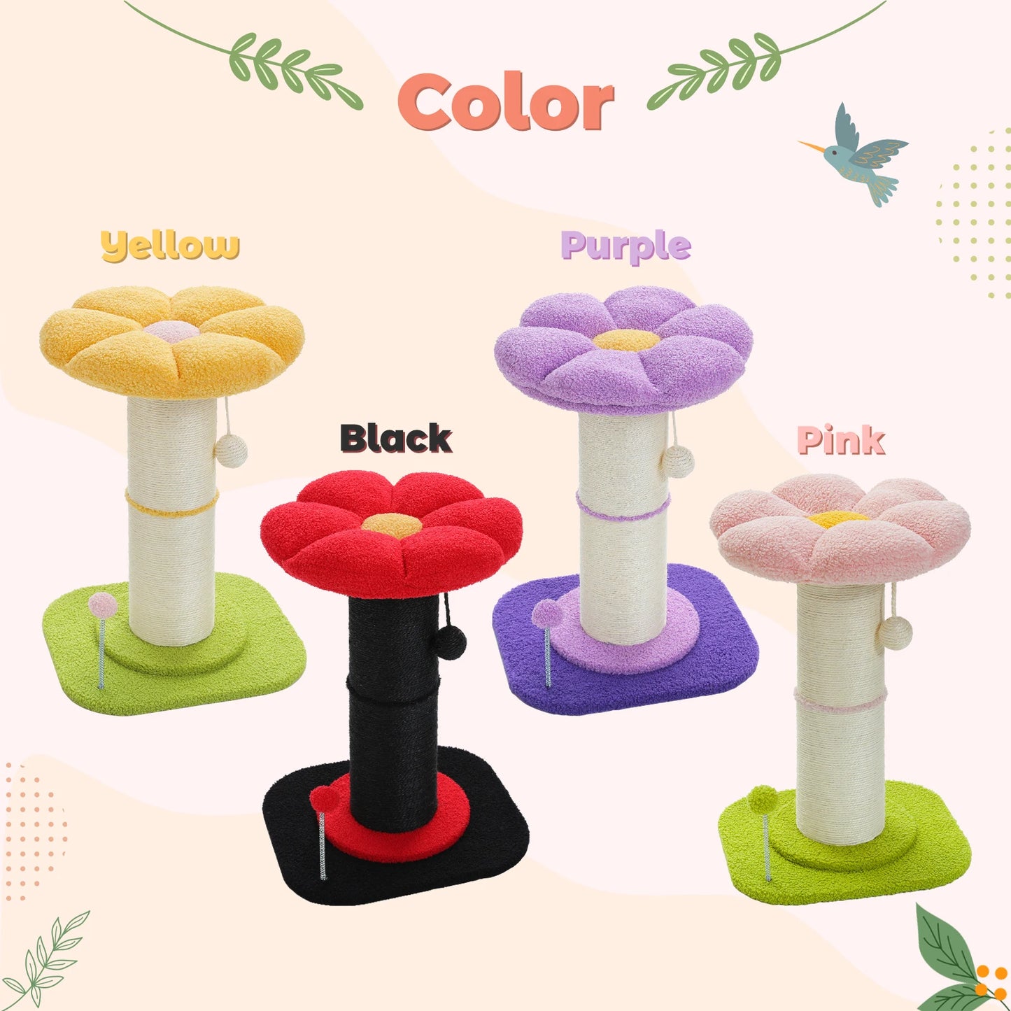 Cat scratching towers in yellow, purple, black, and pink with flower-shaped tops on a light beige background.