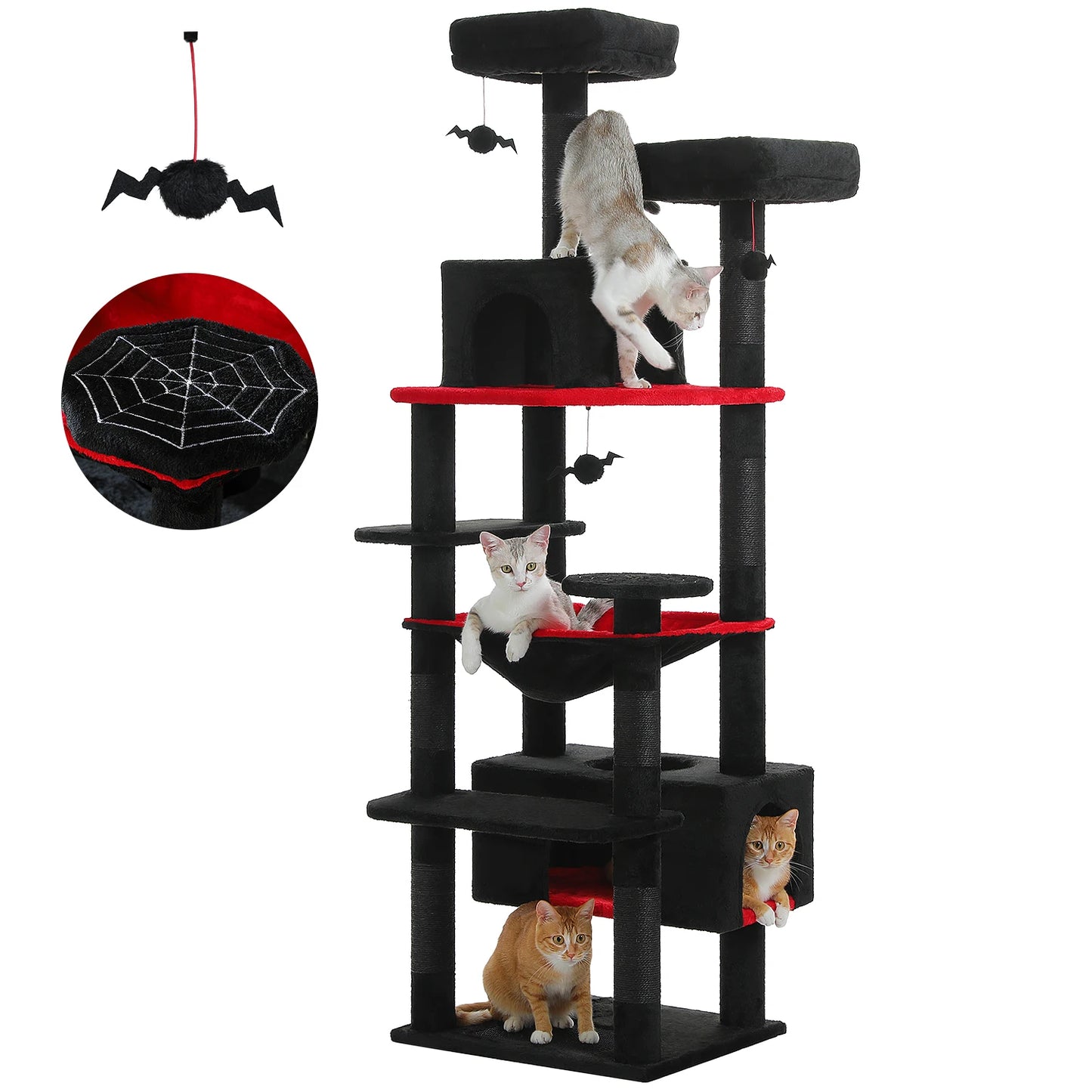 Black cat tree with multiple levels and cats on a white background with inset images showing a bat-shaped toy and cobweb embroidery detail.