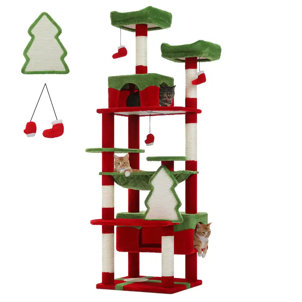 Red and green cat tree with multiple levels and toys on a white background