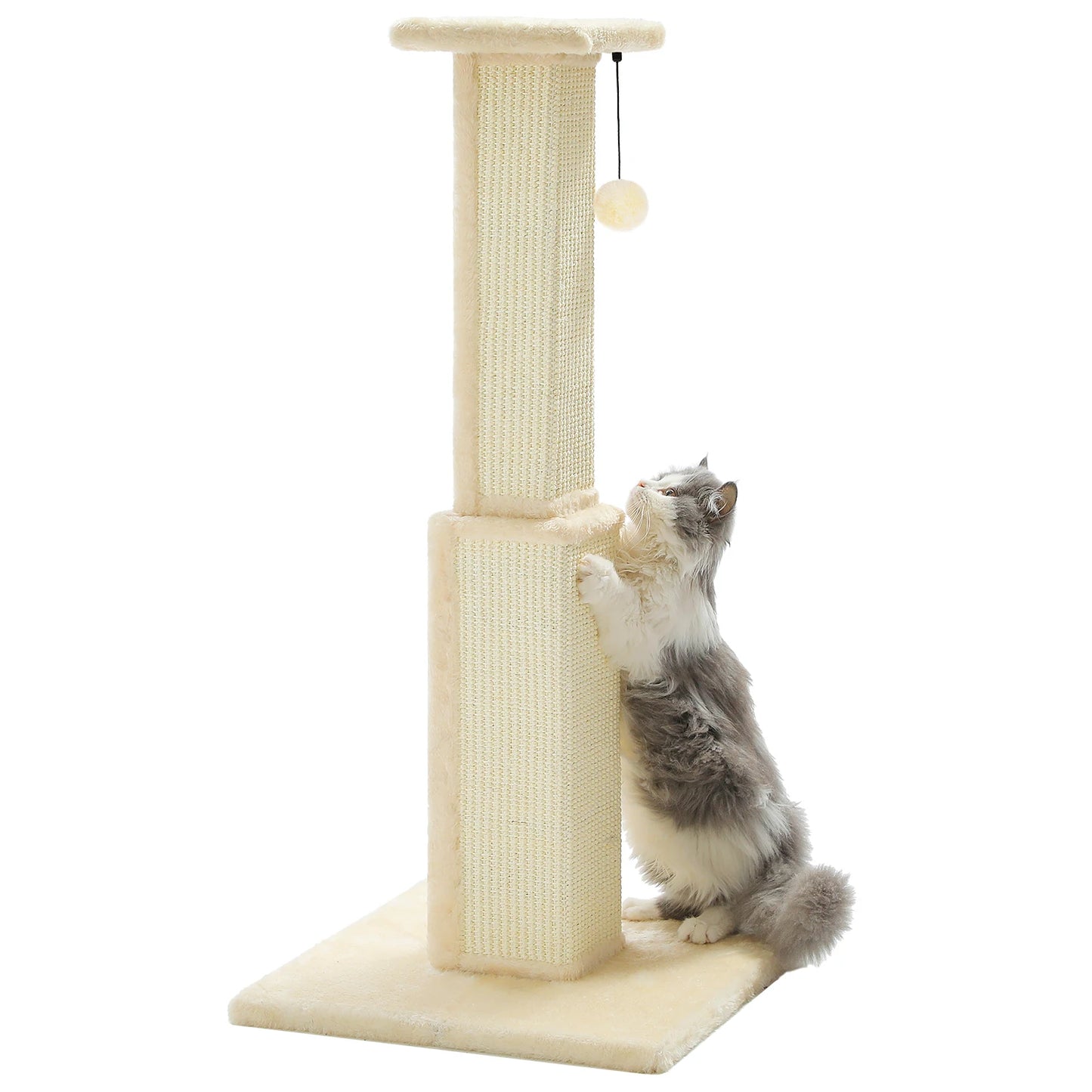 Cat climbing a beige cat tree with a white background