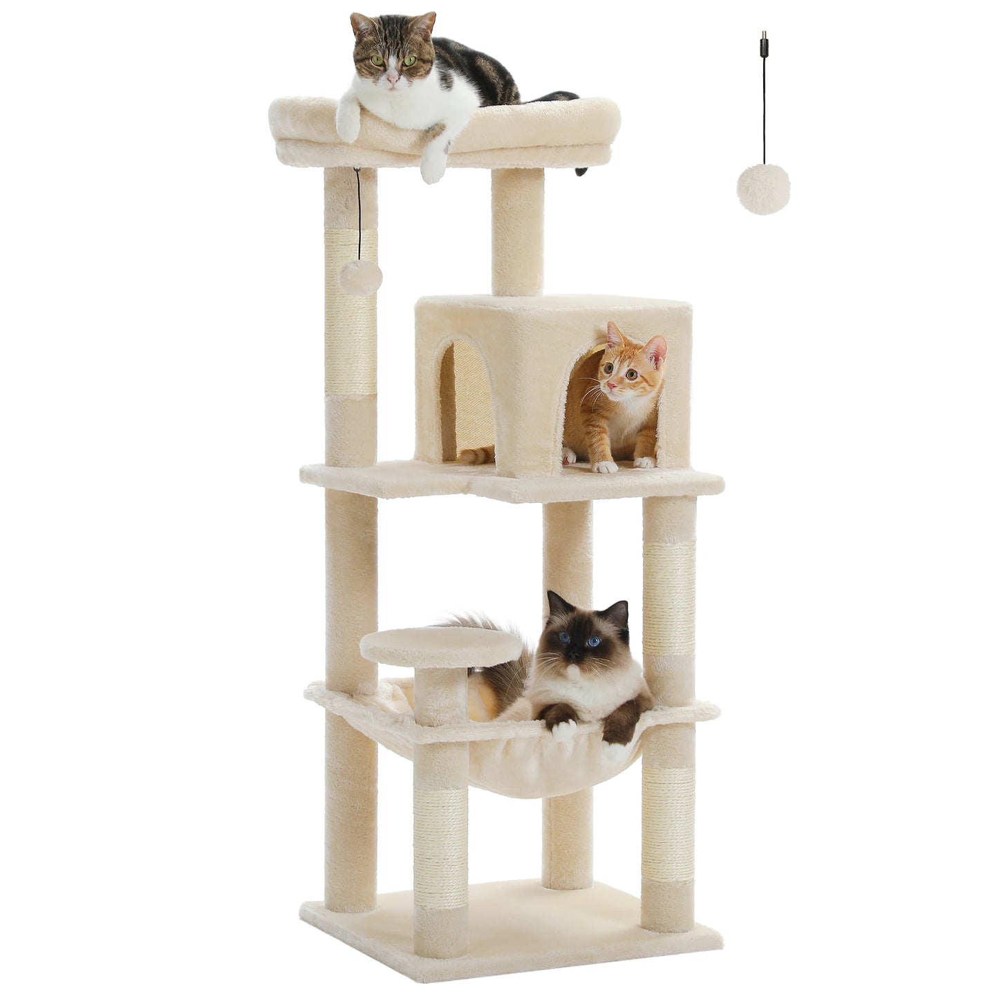 Beige cat tree with multiple cats on different levels against a white background