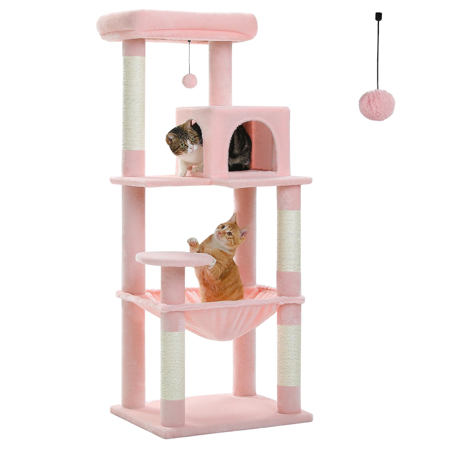 Pink cat tree with multiple levels and a hammock, featuring two cats on a white background.