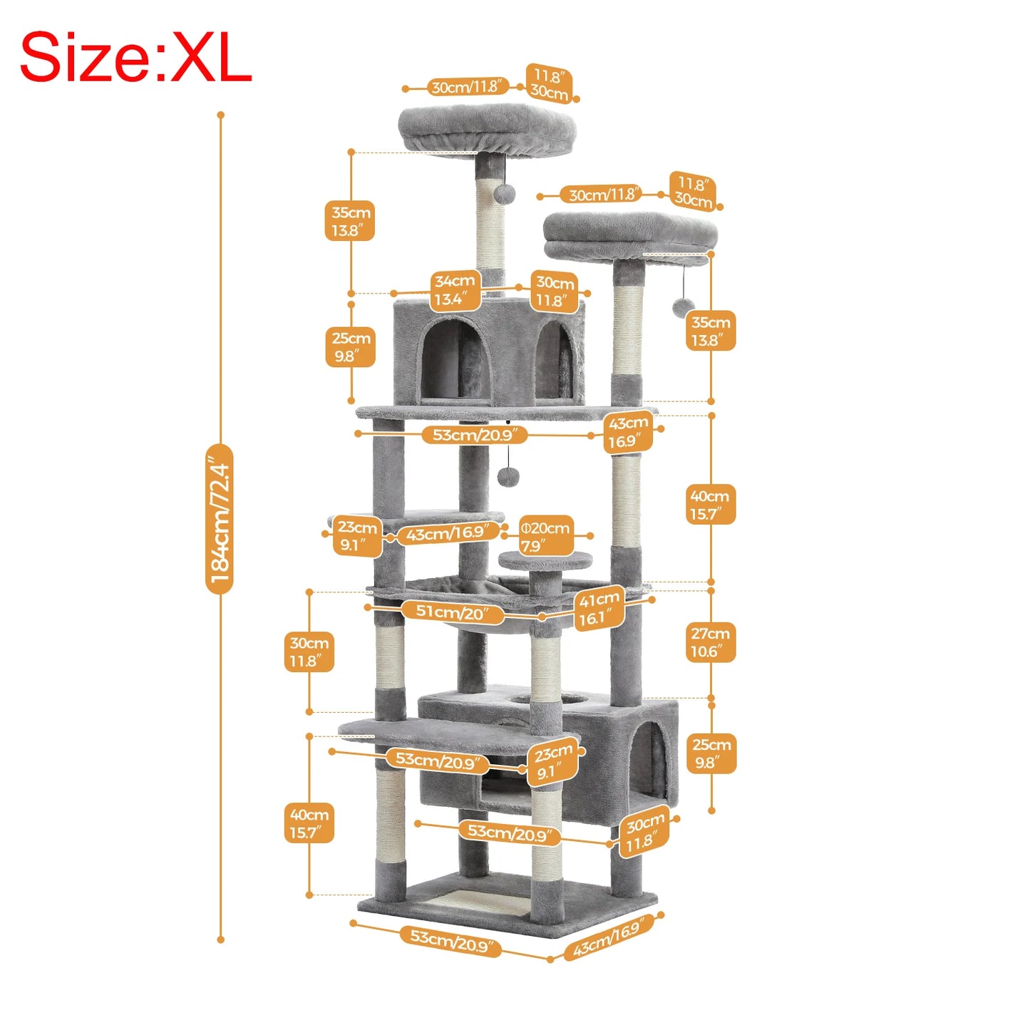 Gray cat tree with dimensions labeled on a white background