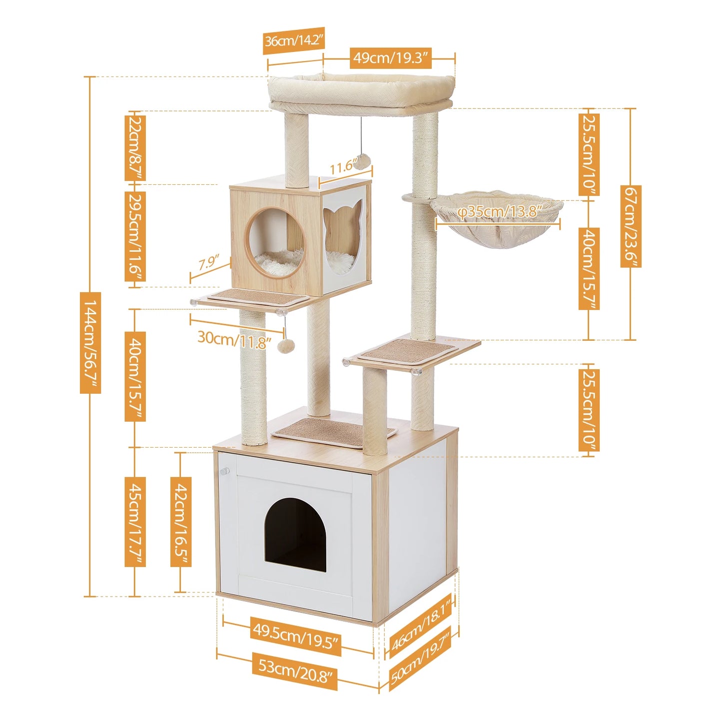 Dimensions of a multi-level cat tree with various platforms and a hideout.