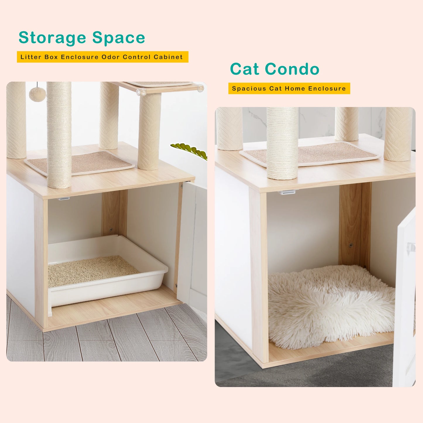 Two usage options for cat enclosure shown: A storage space for a litter box or as a cat condo on a light background.