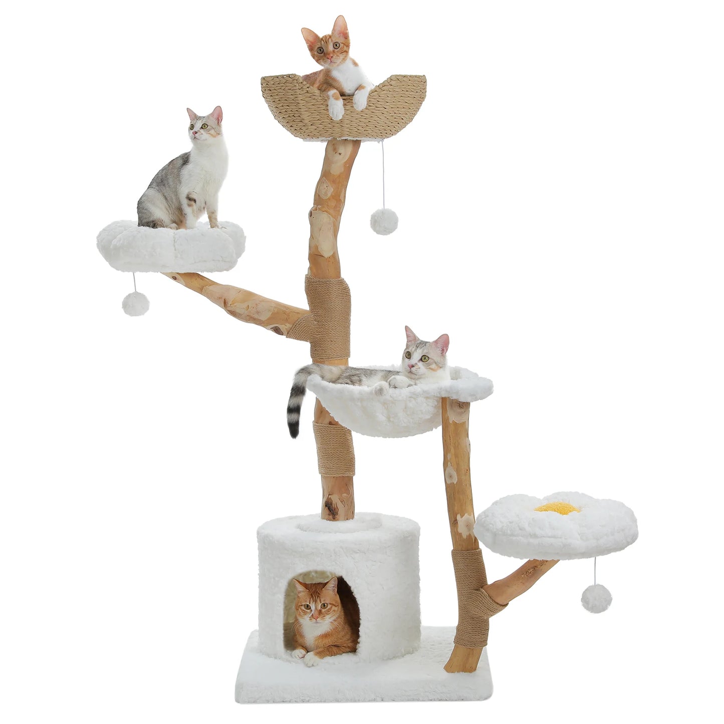Cat tree with multiple levels, cats and cat toys on a white background