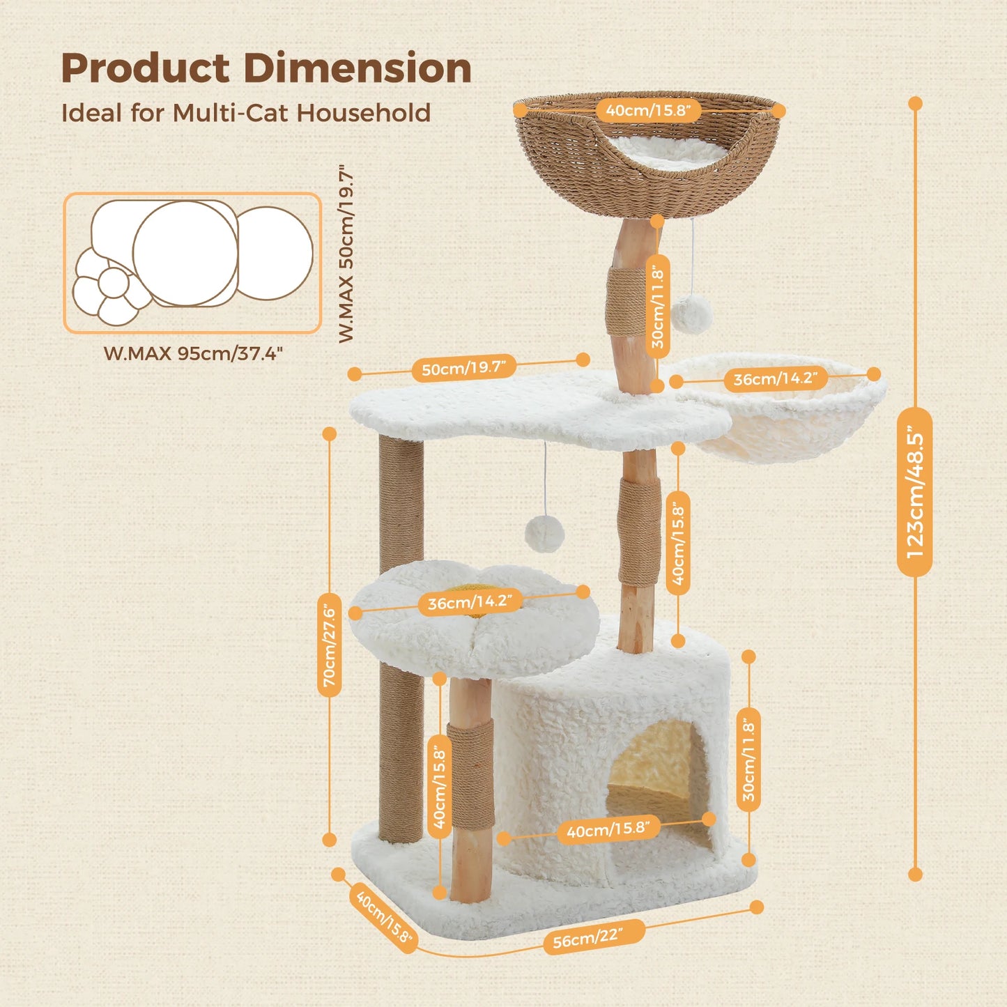 Measurement chart of a cat tree with dimensions on a beige background