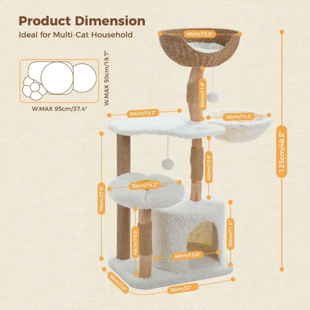 Cat tree with dimensions on a beige background