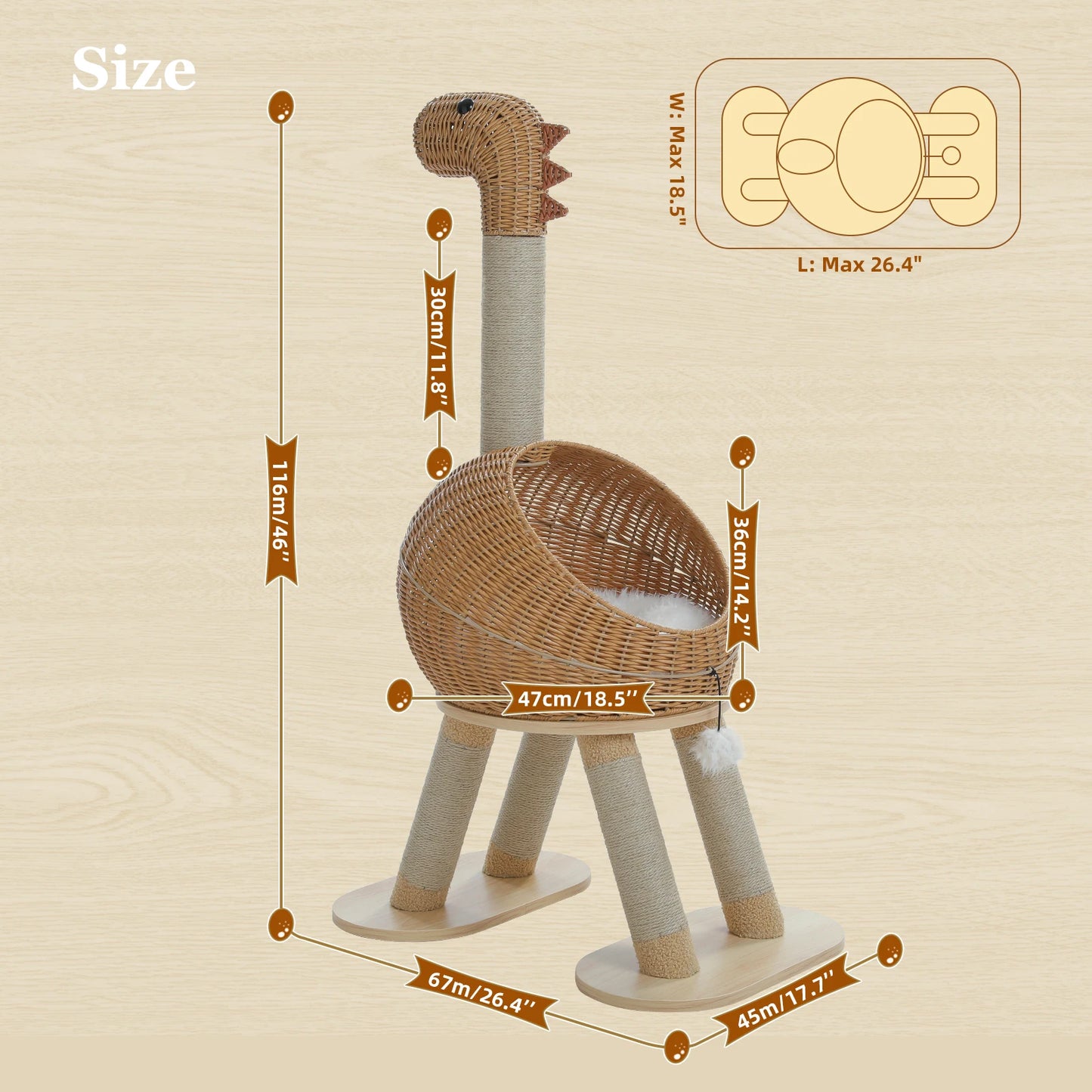 Wicker dinosaur-shaped cat tree with dimensions labeled on a beige background