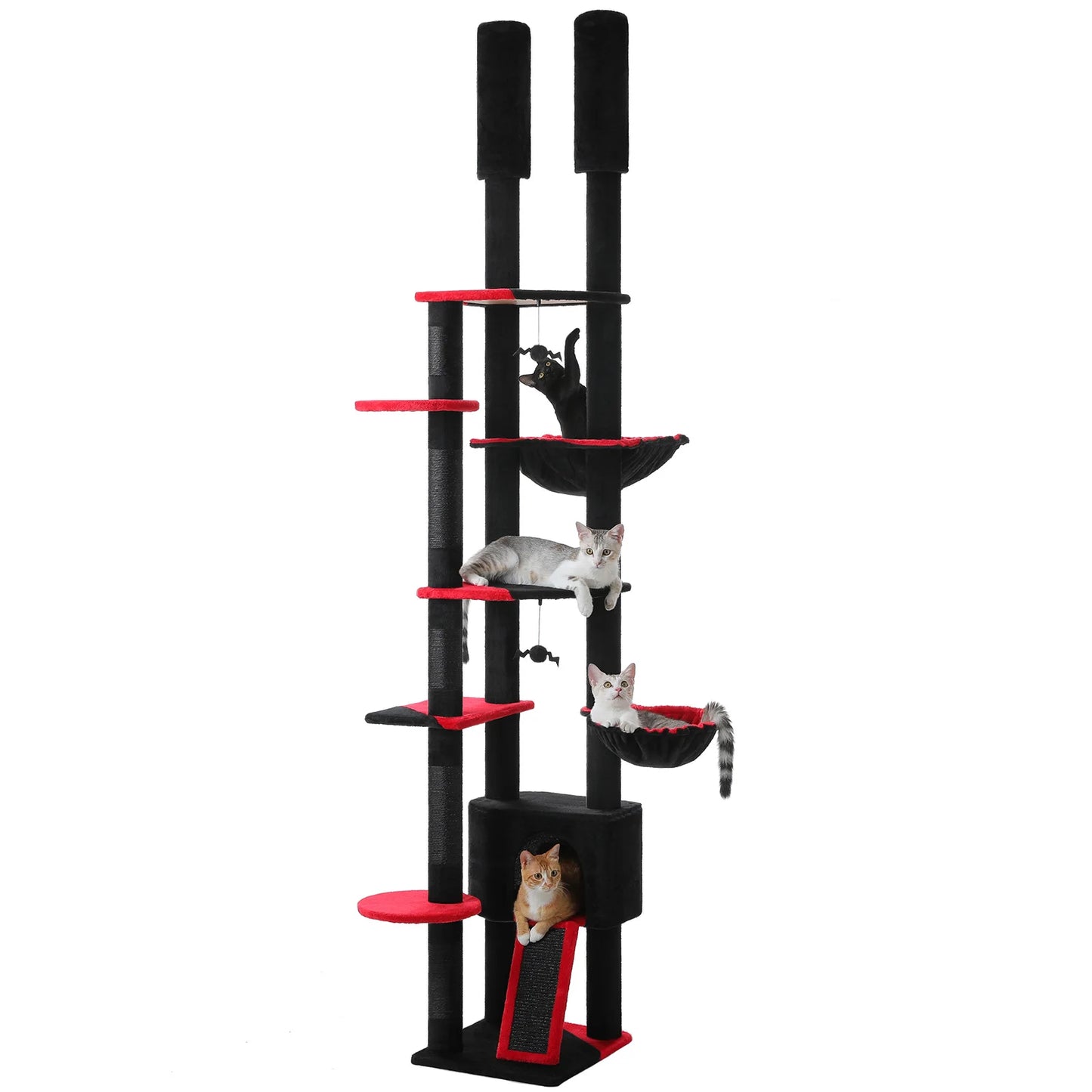 Black-and-red cat tree with multiple levels and perches on a white background with several cats.