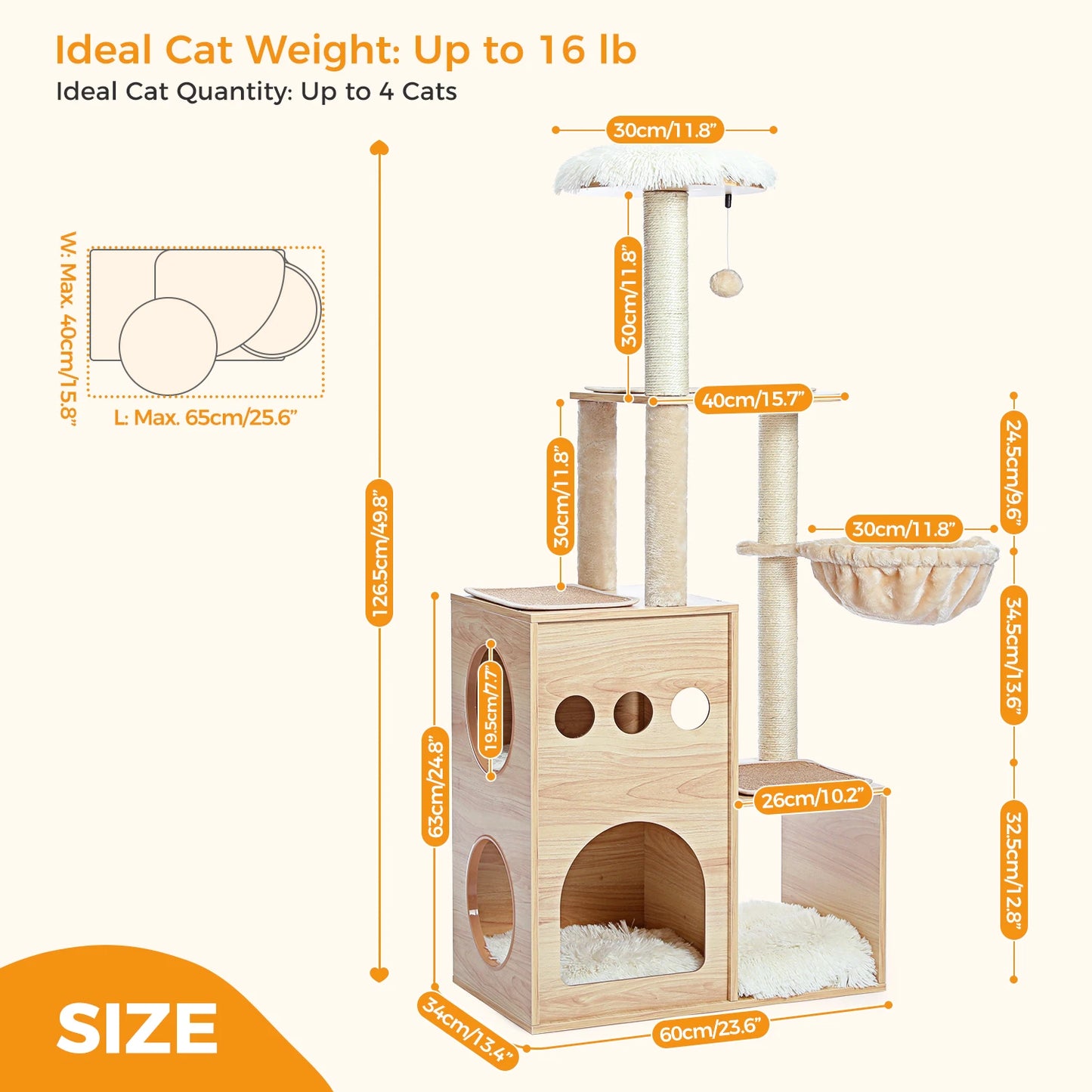 Wood cat tree with measurements and dimensions on a pale background.