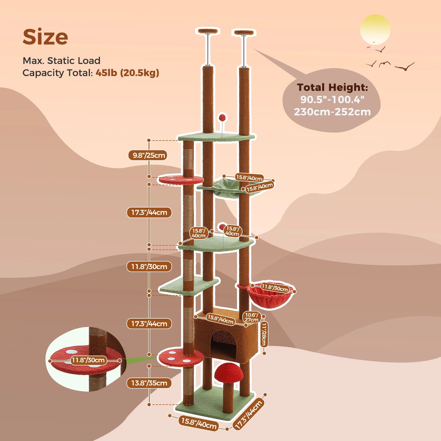 Cat tree with dimensions and capacity details on a beige background
