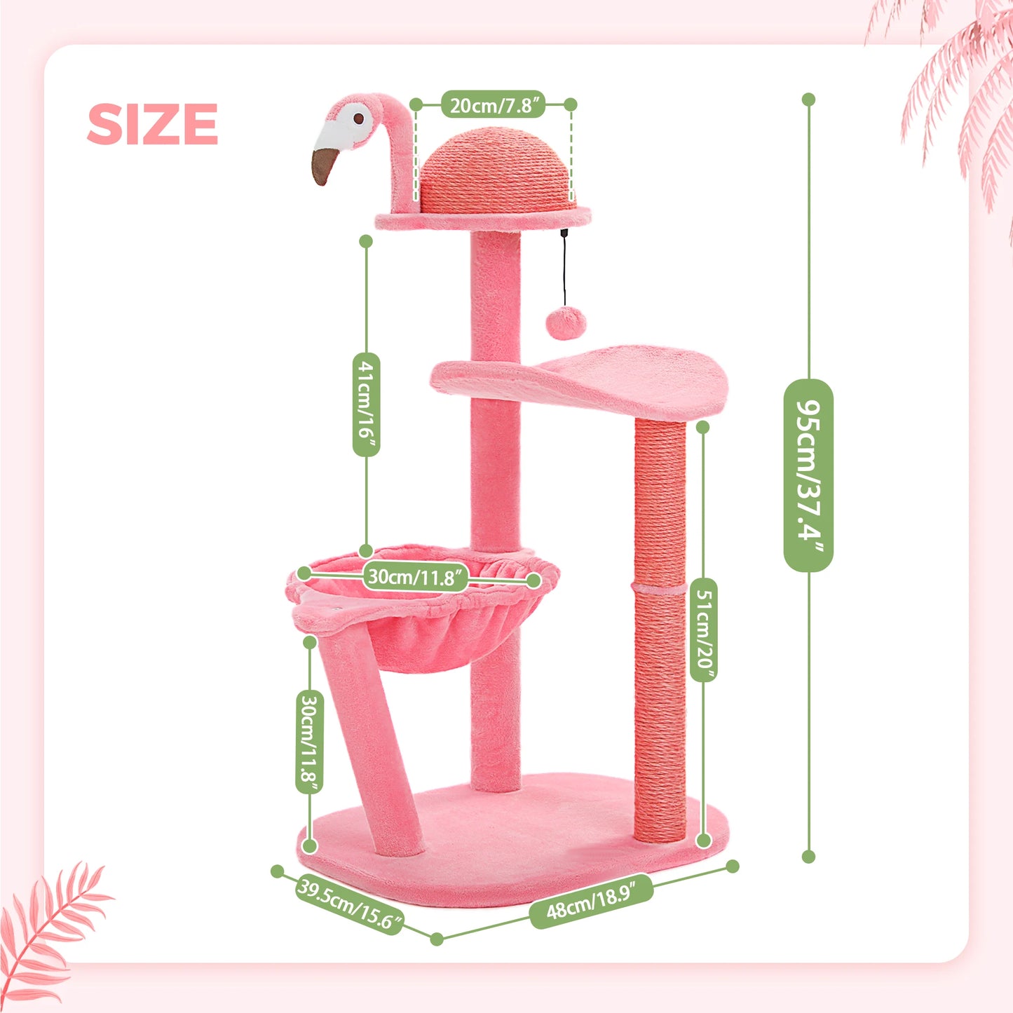 Pink flamingo-shaped cat tree with measurements on a pink background