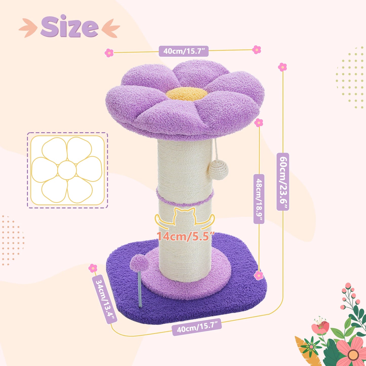 Purple flower-shaped cat scratching post with measurements on a light beige background