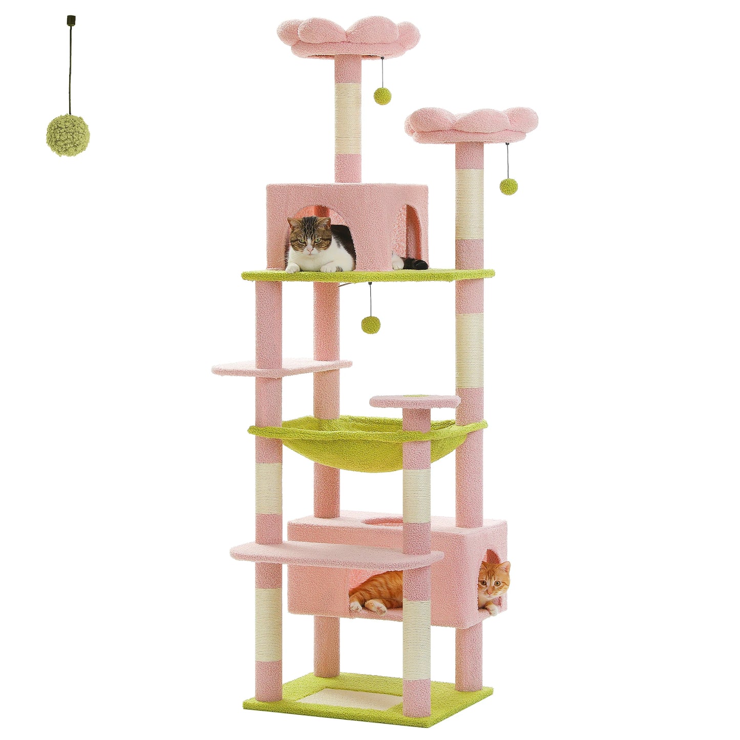Pink and green cat tree with multiple levels and cats sitting on some of the shelves.