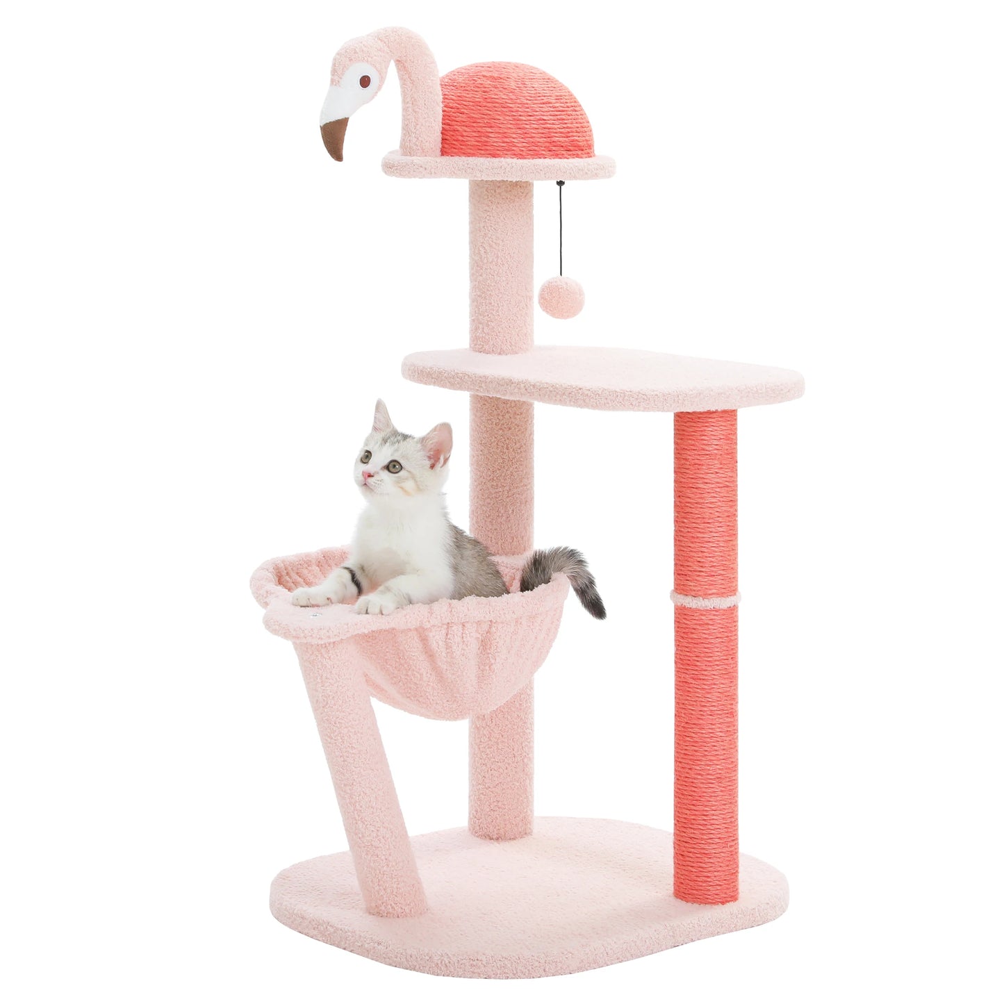 Pale pink flamingo-themed cat tree with a cat sitting on it against a white background
