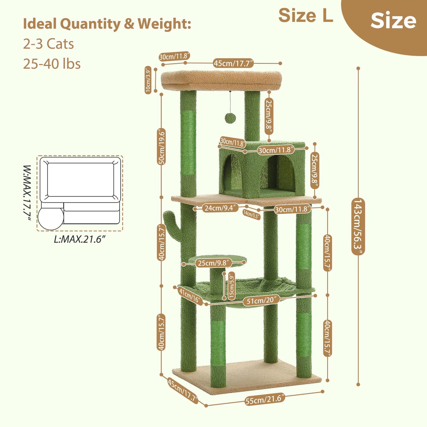 Cat tree with size large dimensions and specifications on a white background
