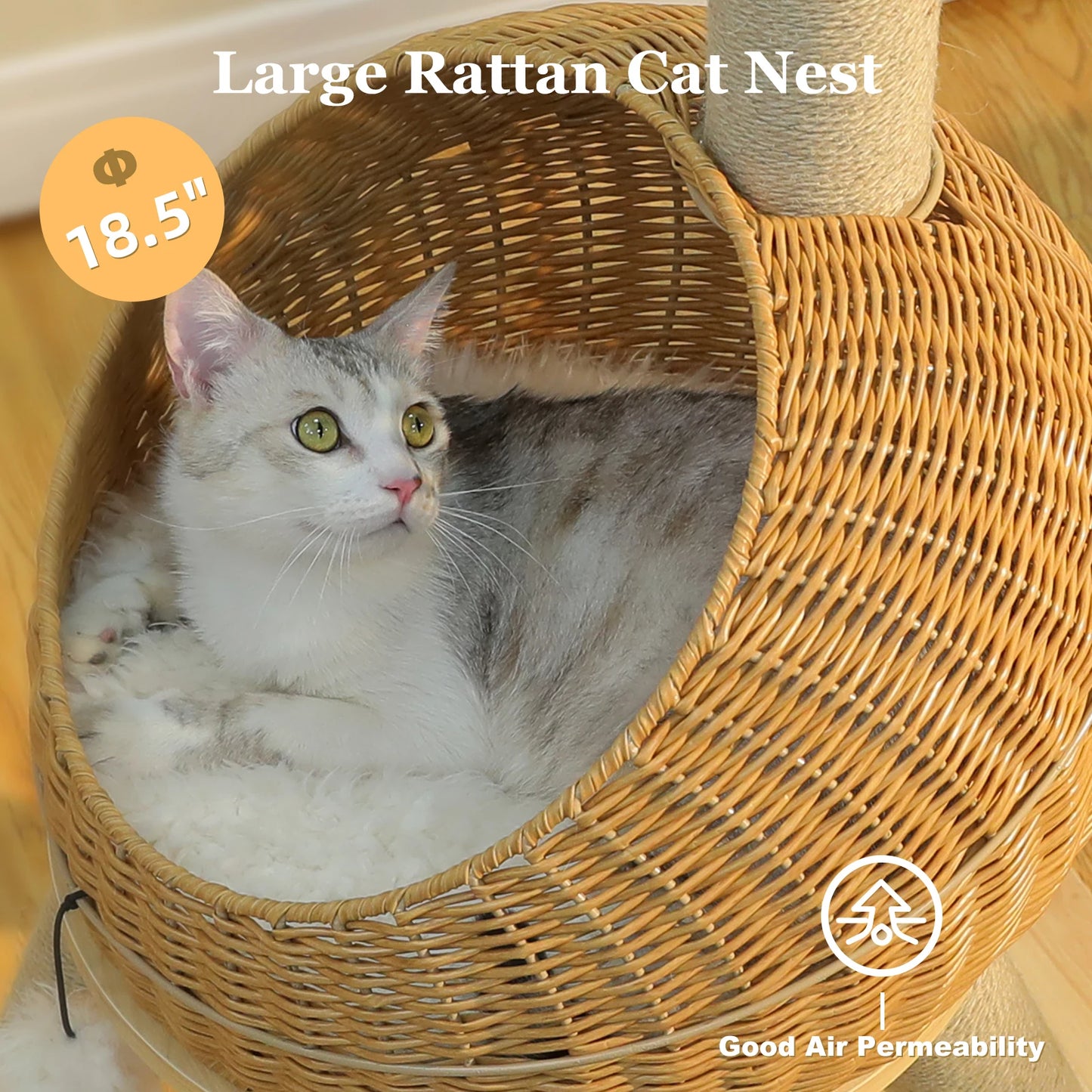 Cat lying in a large rattan cat nest with text indicating size and air permeability.
