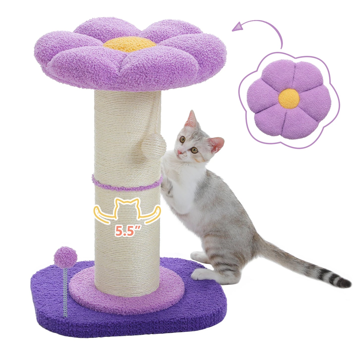 Cat playing with a purple flower-shaped cat scratching tree