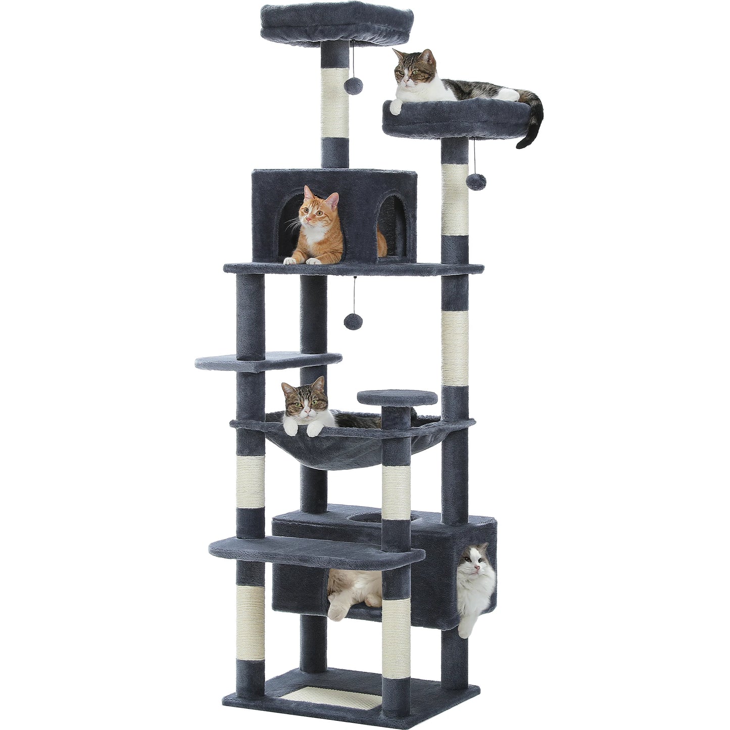 Dark gray cat tree with multiple levels and perches on a white background, with multiple cats