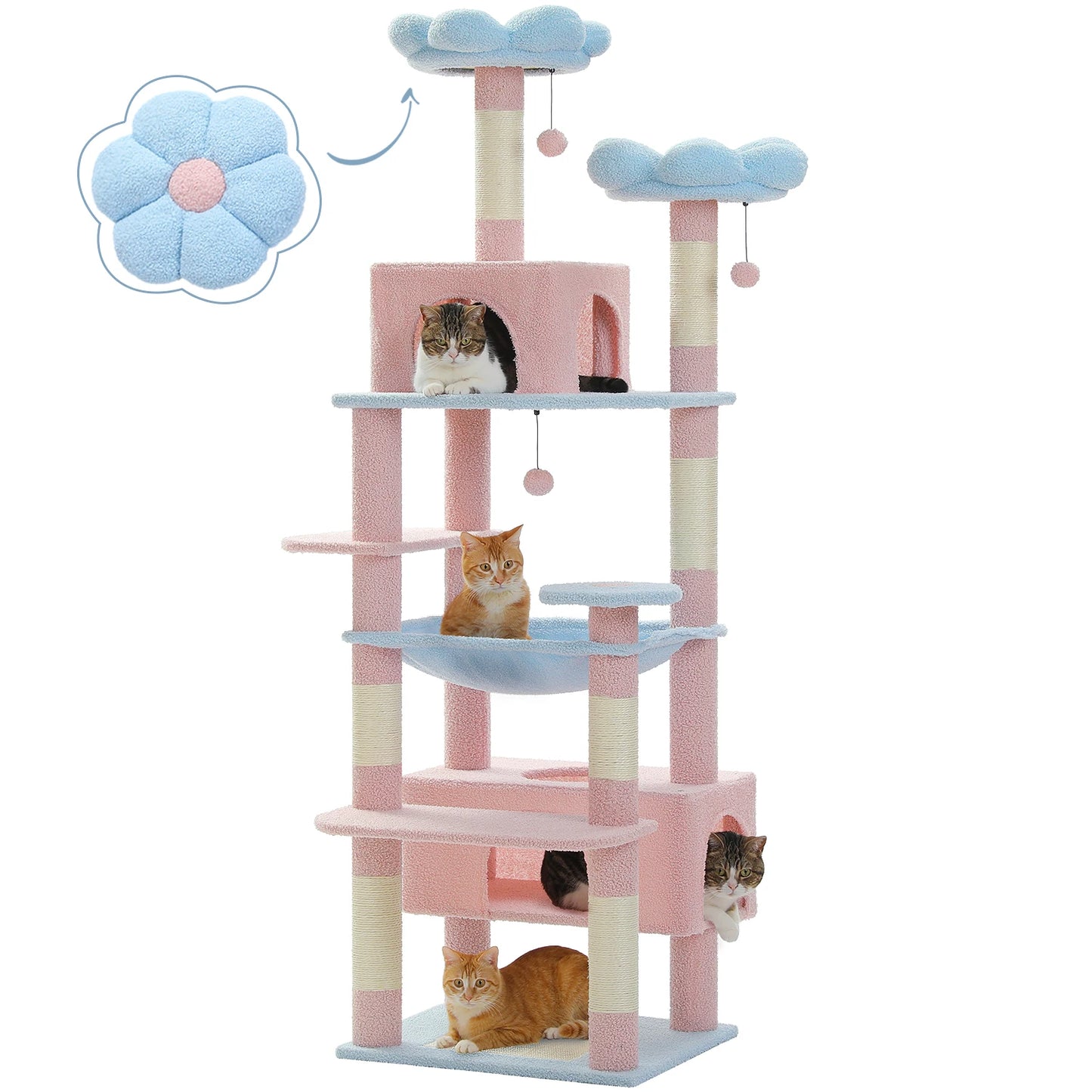Blue and pink cat tree with multiple levels and cats on a white background