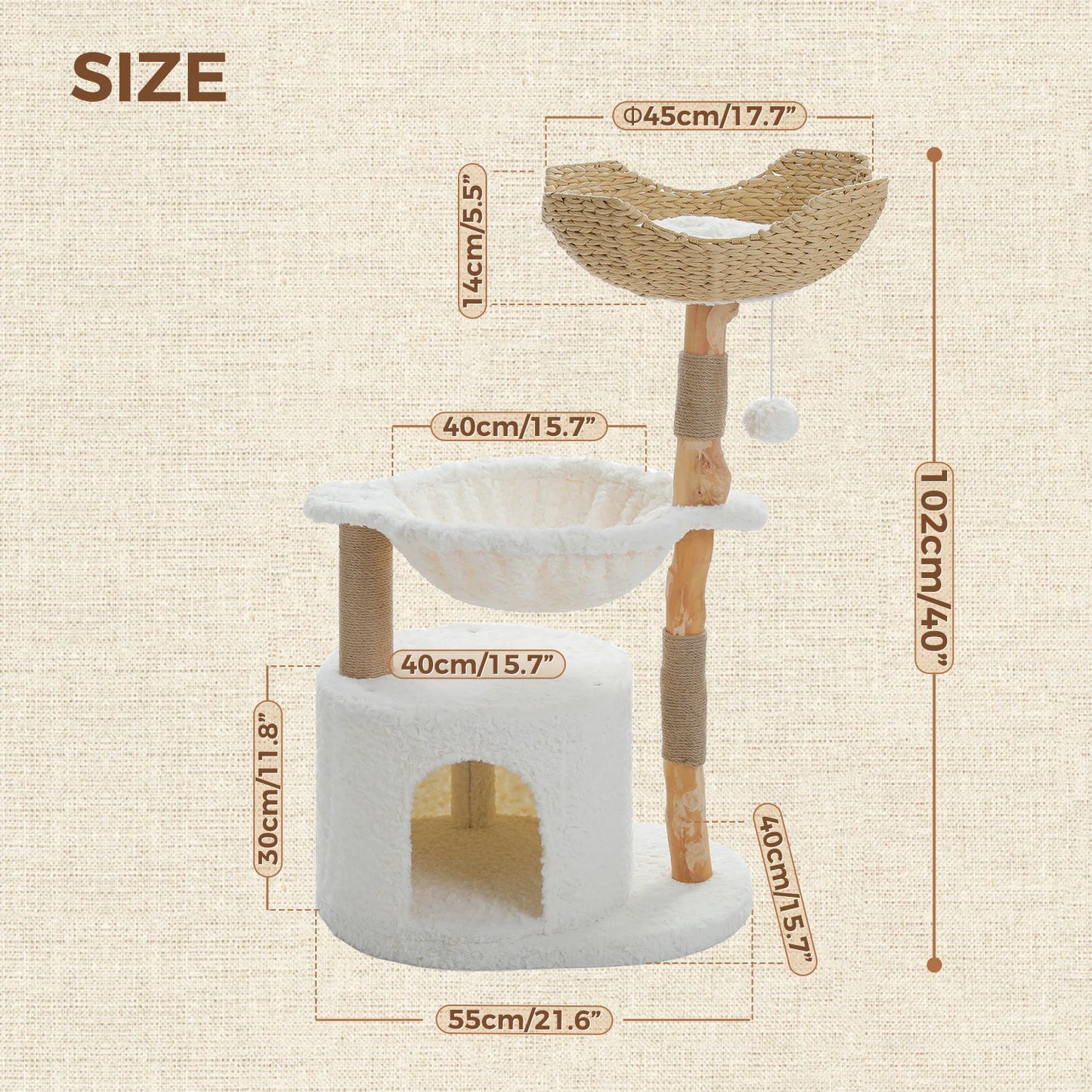 Cat tree with hammock and dimensions on a beige background