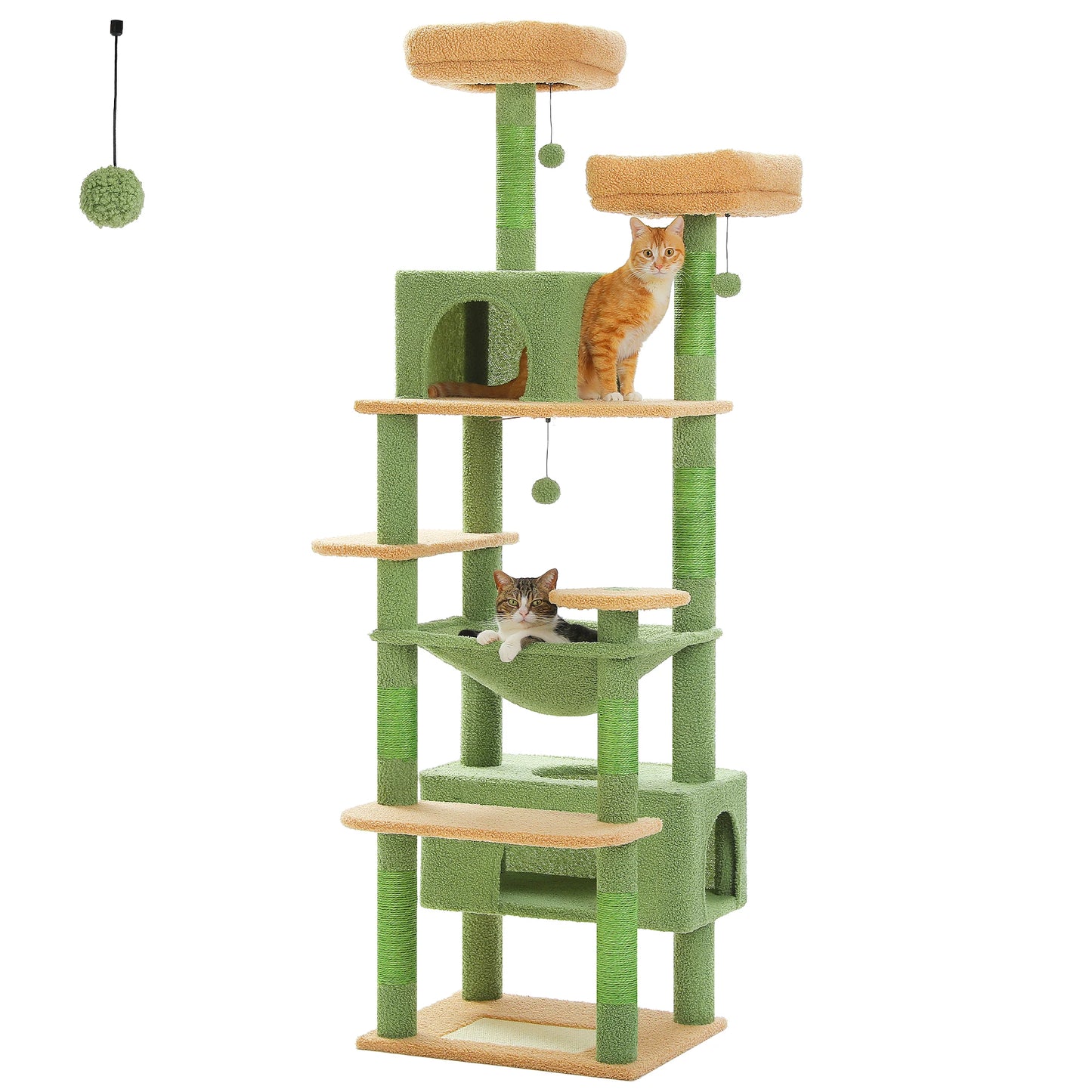 Green and brown cat tree with two cats on a white background