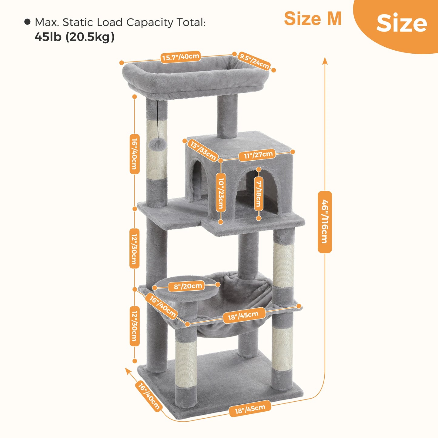 Gray cat tree size medium with measurements on a white background