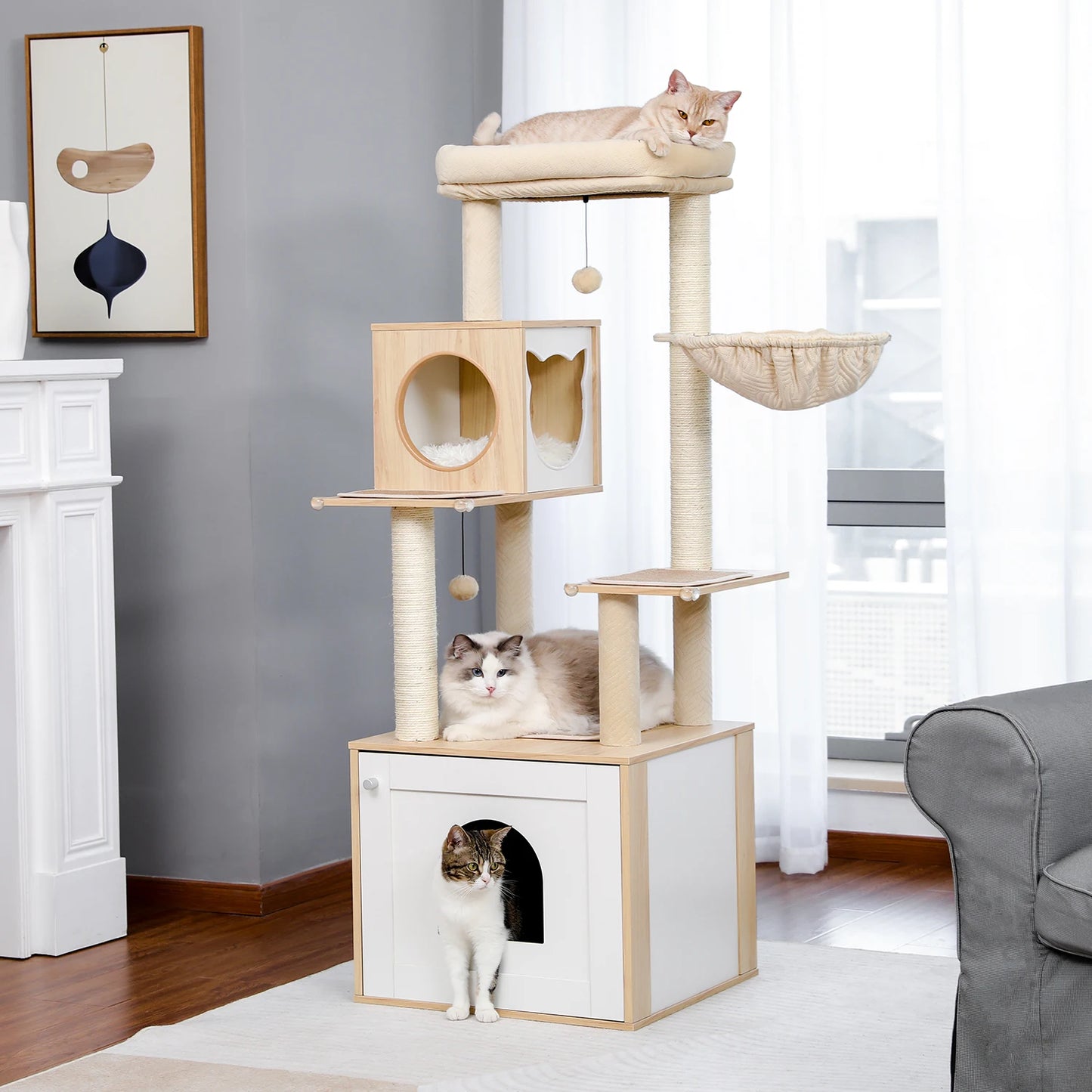 Cat tree with multiple levels and cats in a living room setting.