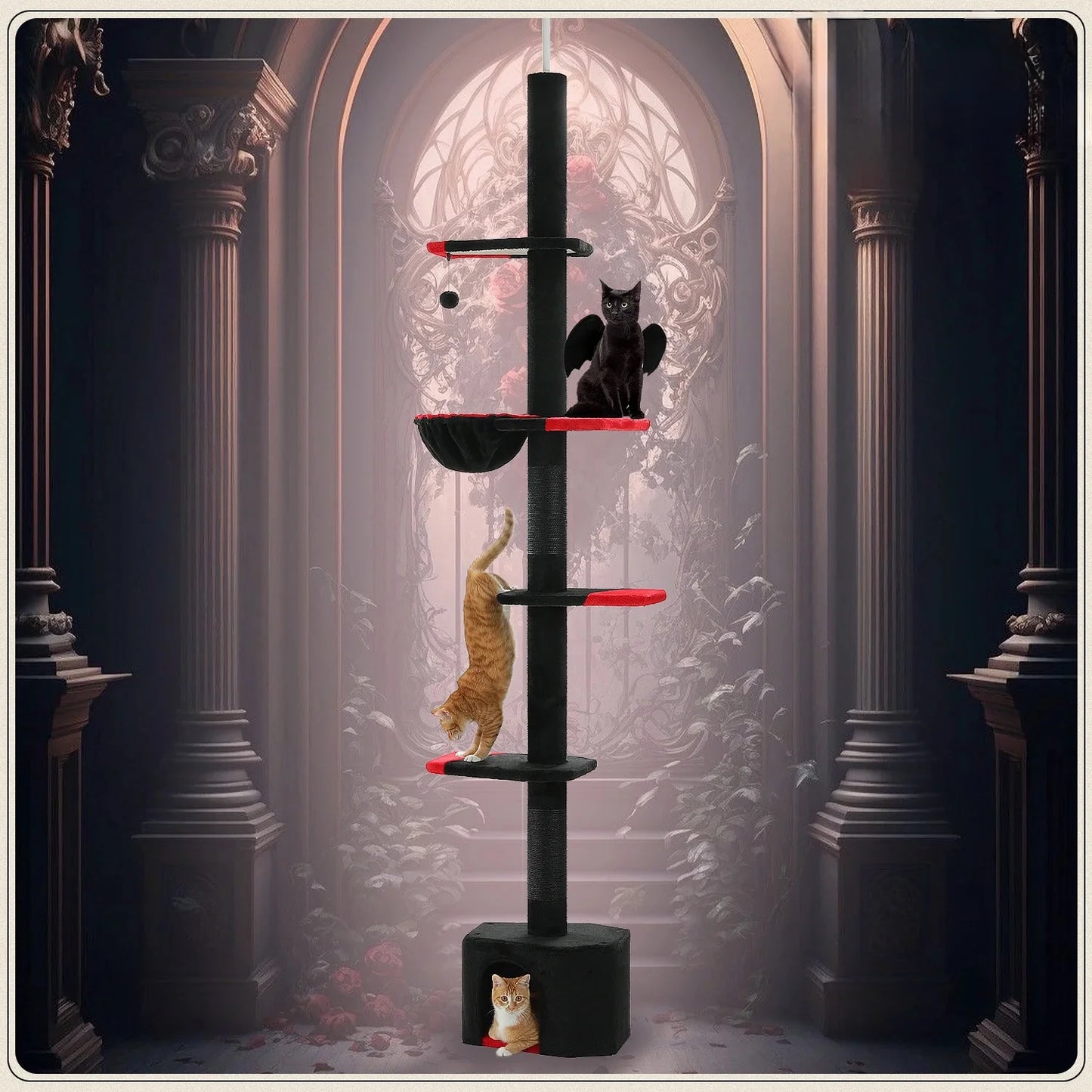 Cat tree with multiple levels in a gothic-style room with stained glass windows.