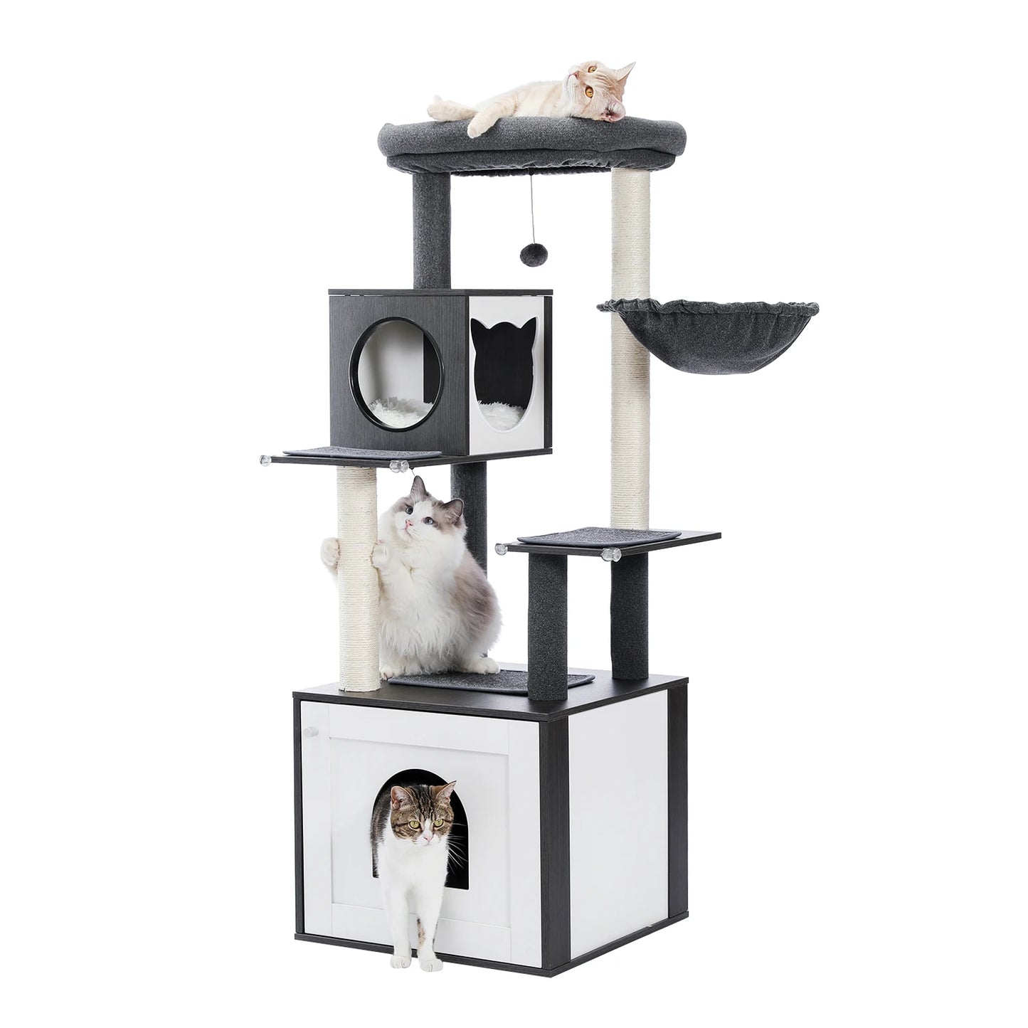 Black cat tree with multiple levels, cats and perches on a white background