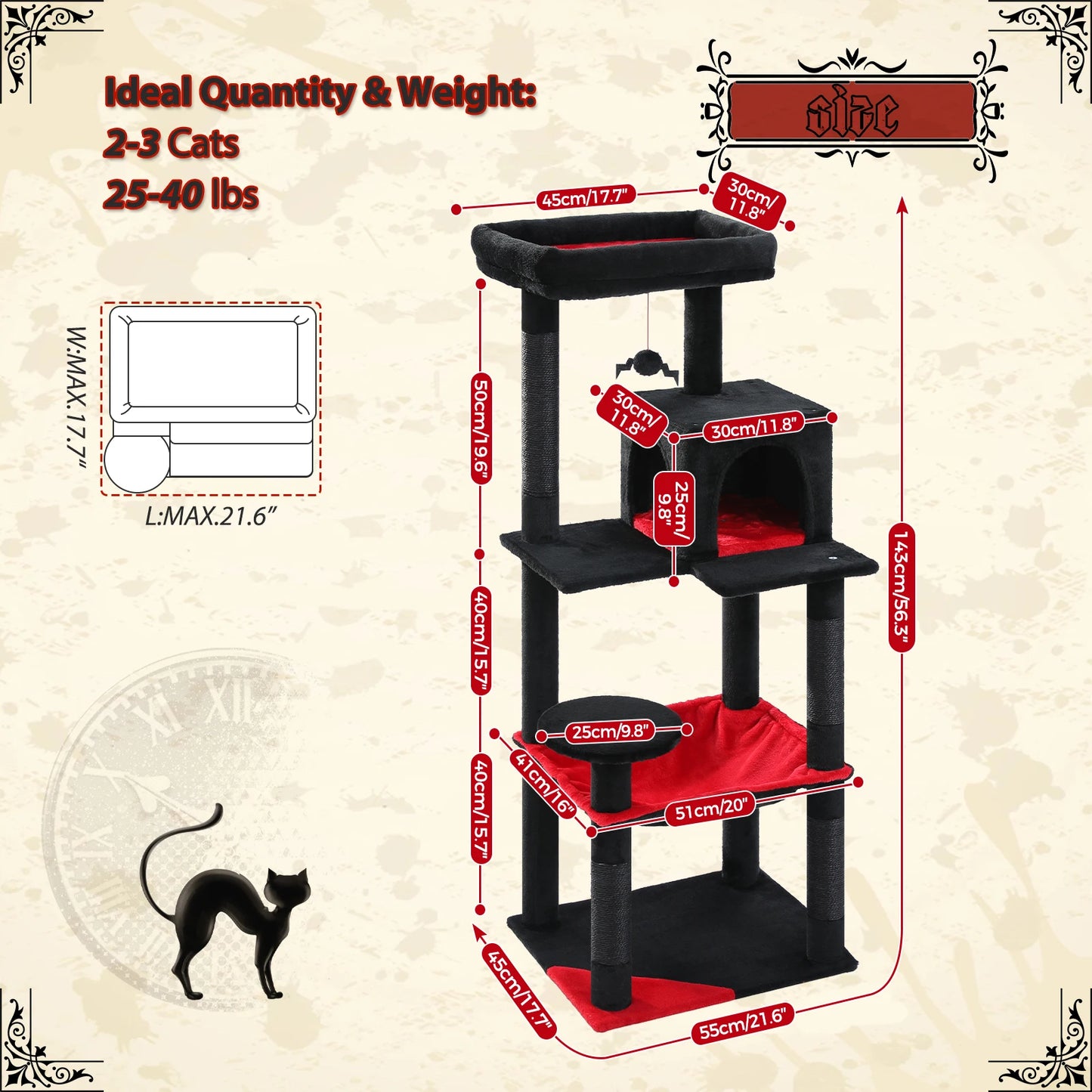 Black-and-red gothic themed cat tree with dimensions and weight capacity details on a beige background