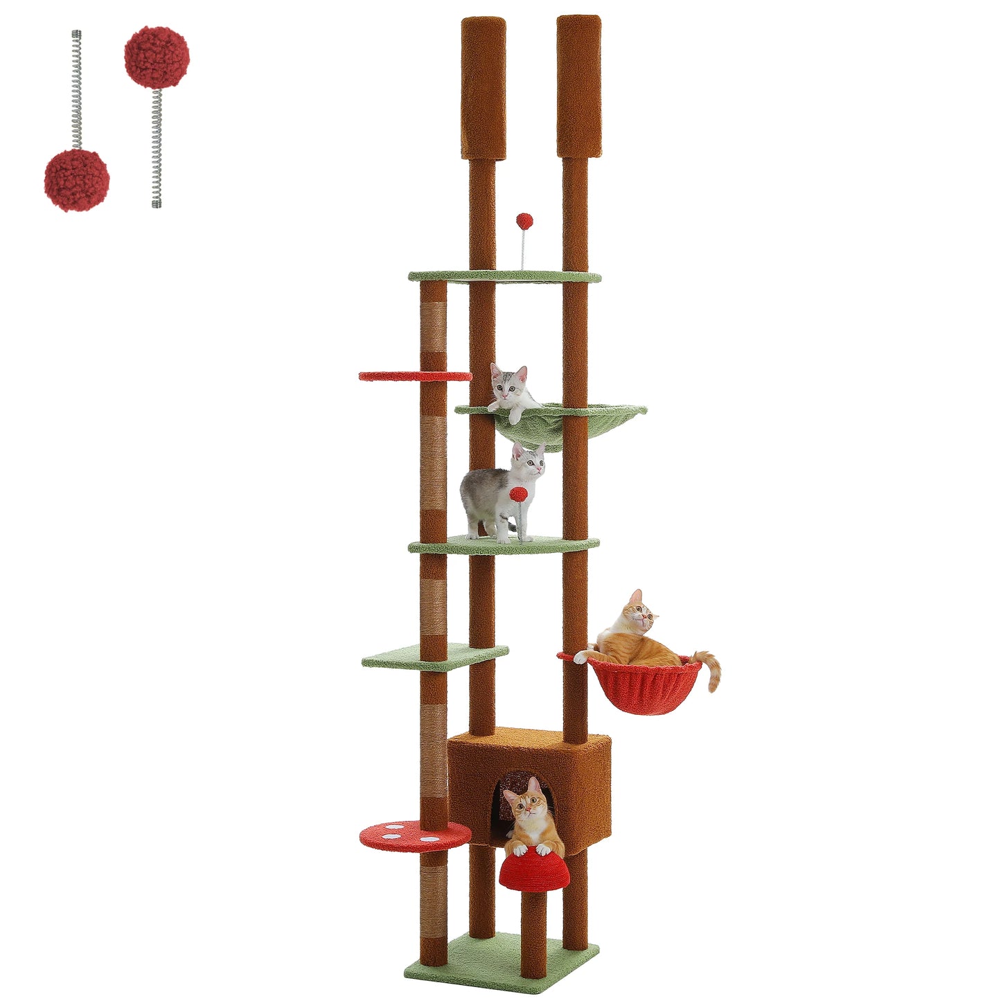 Brown-and-red cat tree with multiple levels, perches, and toys on a white background with several cats