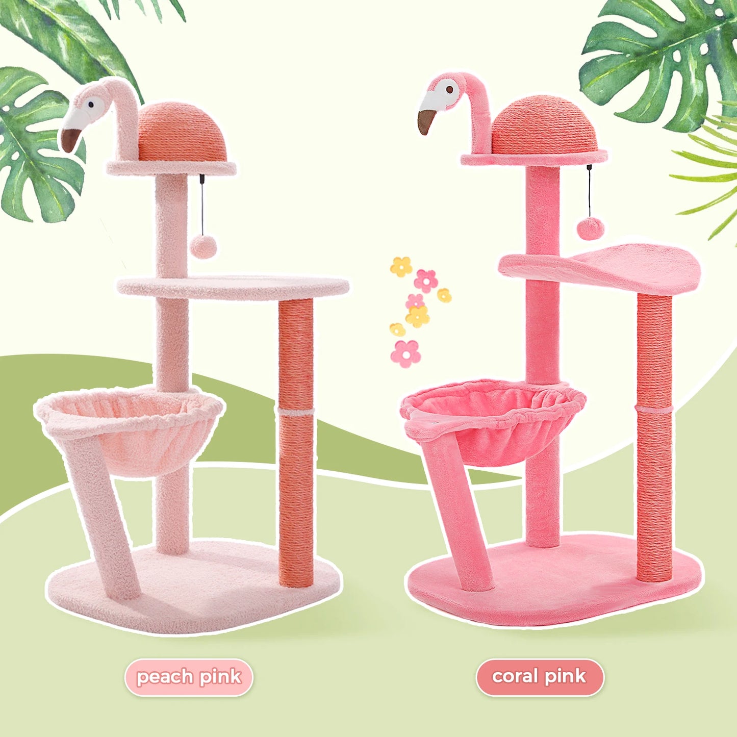 Pink flamingo-themed cat tree with two color options on a green background