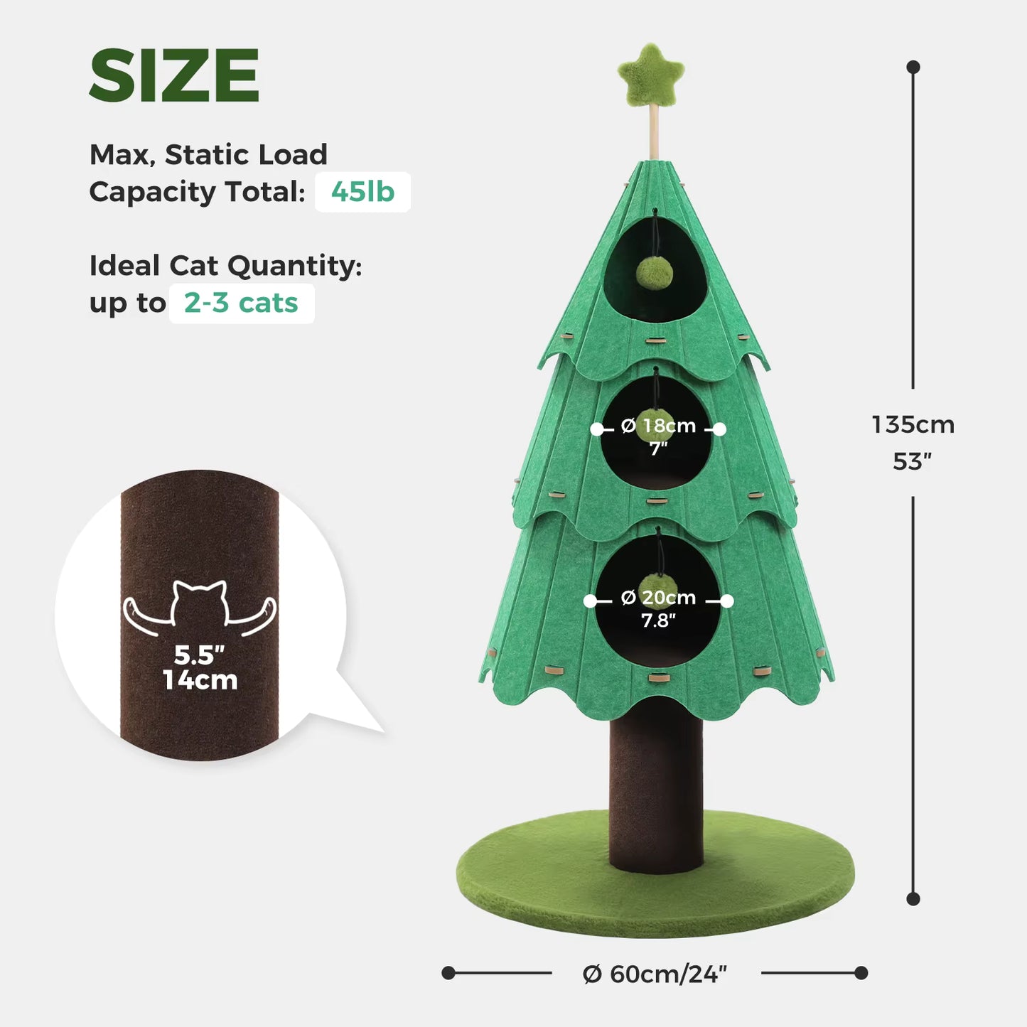 Wool Felt Christmas Cat Tree with Dimensions.