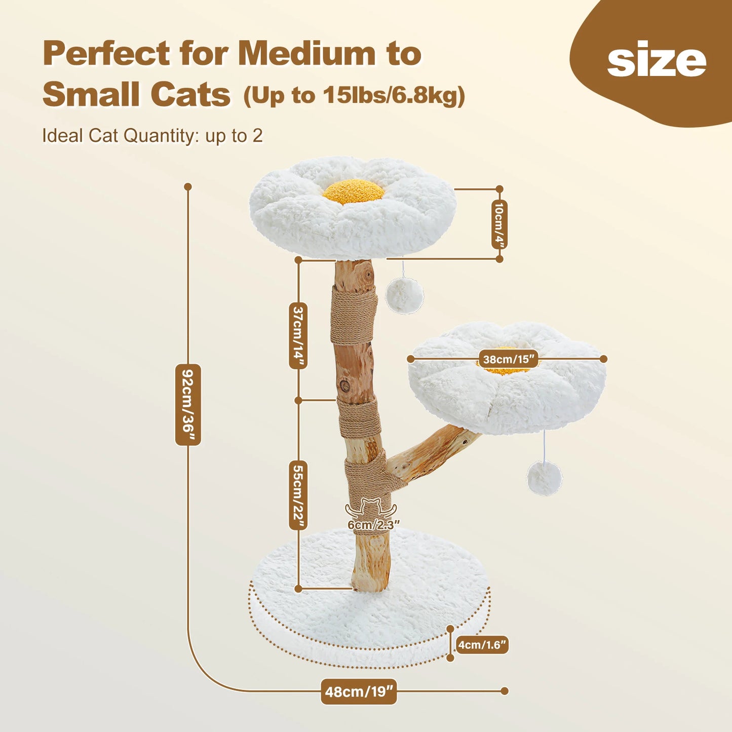 Measurement chart for a cat tree with dimensions labeled, suitable for medium to small cats.