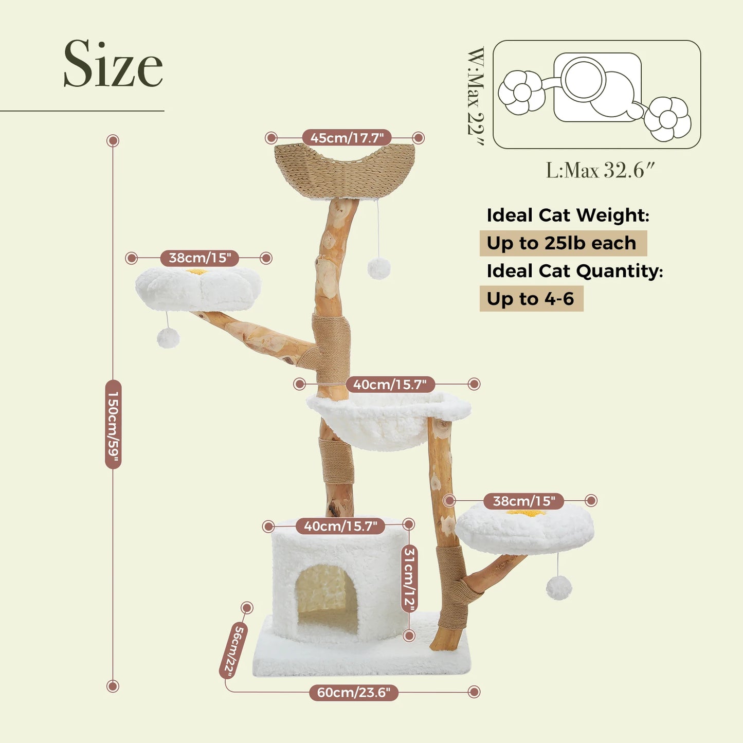 Measurement chart of a cat tree with dimensions and weight capacity information.